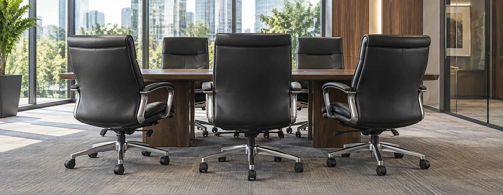 Black leather executive chairs around a conference room table