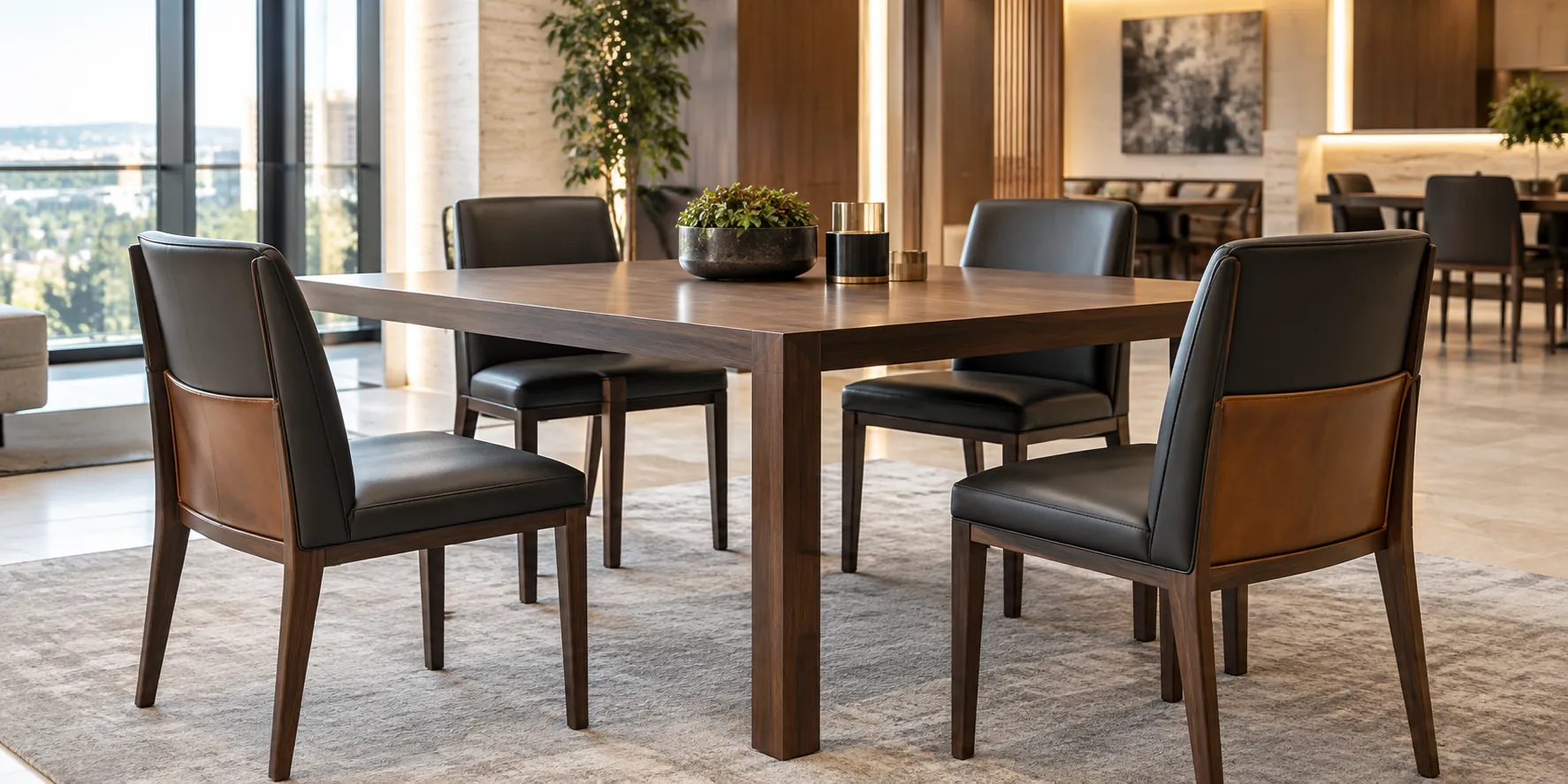 Dark leather dining chairs in a property amenity dining room