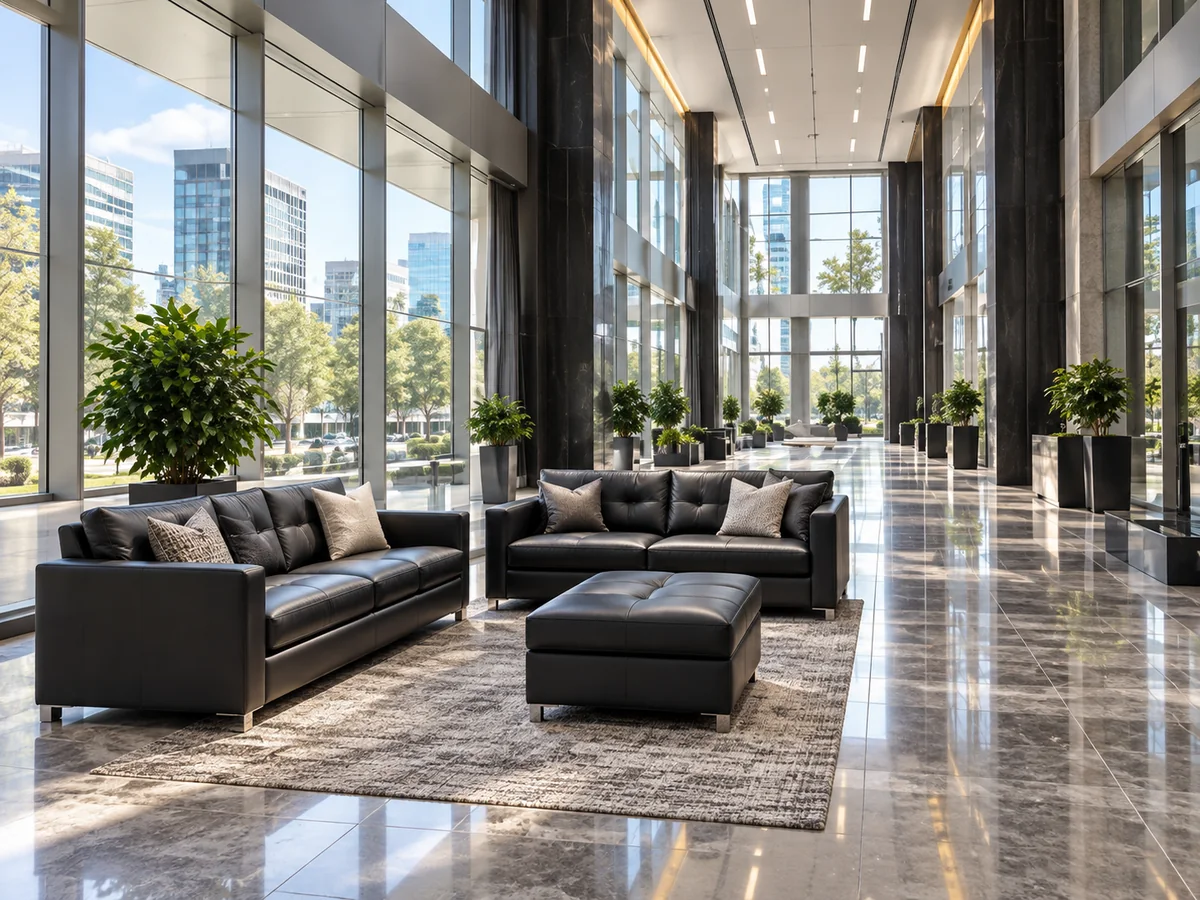 Corporate lobby lounge seating serviced under a property and facility program