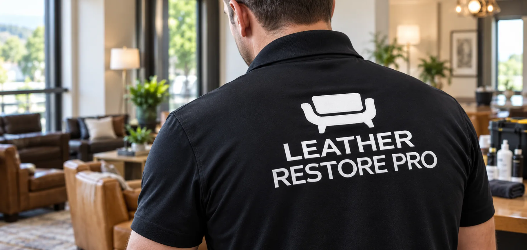 Technician in uniform standing in a residential lounge during a property furniture service visit
