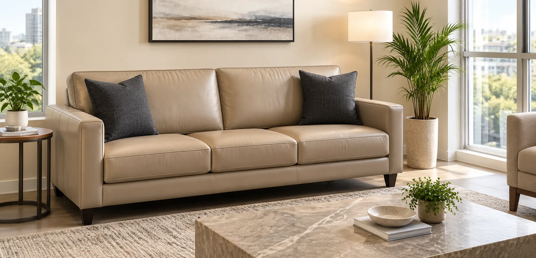 Furnished rental unit with a taupe leather sofa and a city view