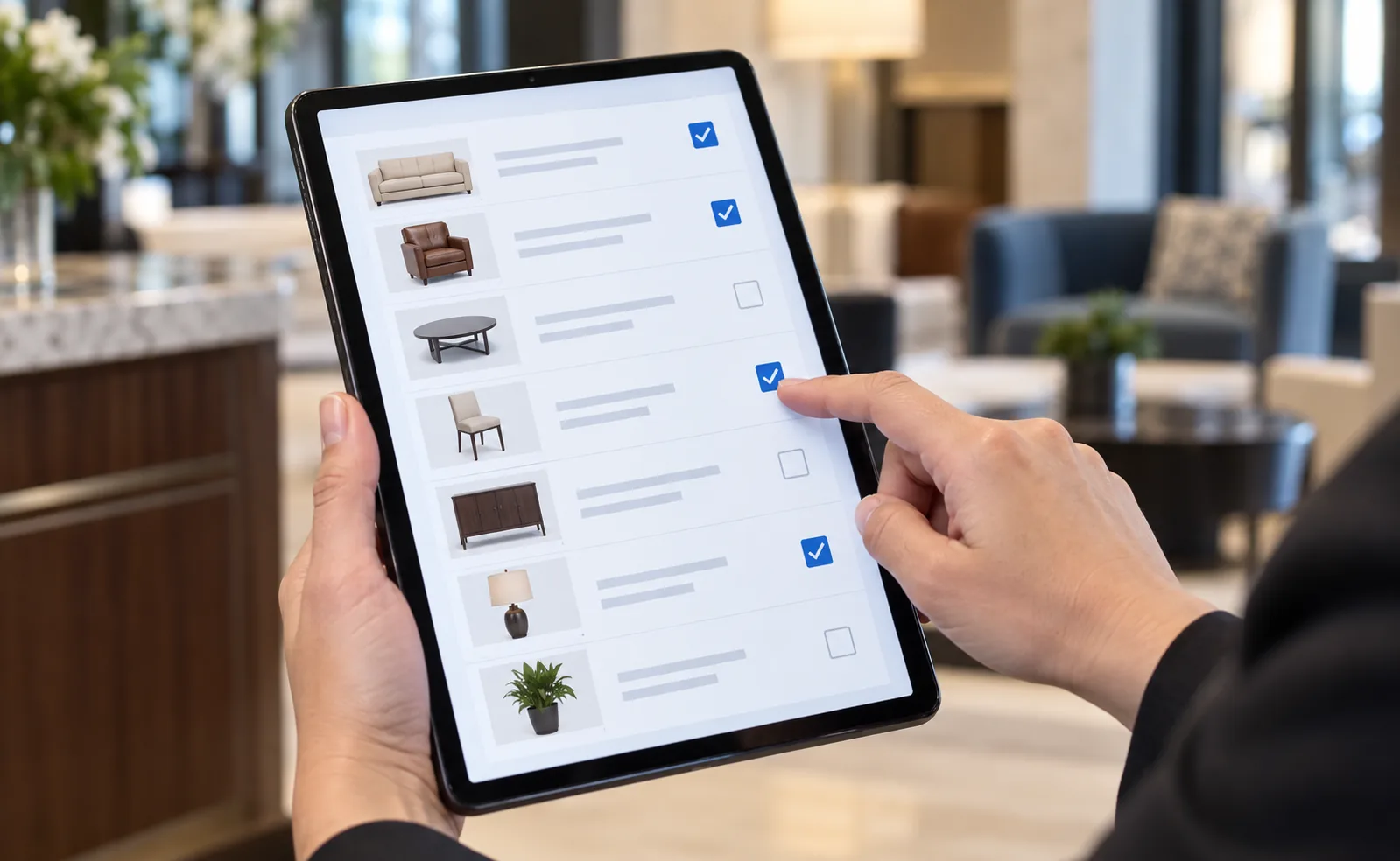 Furniture list reviewed on a tablet before approving a property repair scope