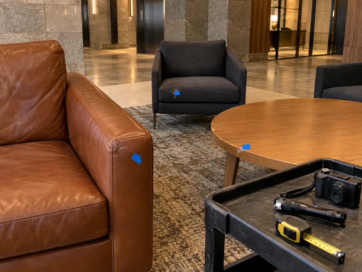 Blue tape marking damage on lobby furniture during a walkthrough