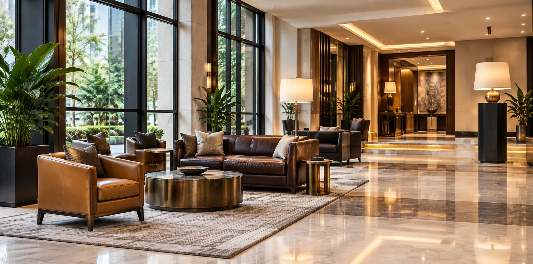 Brown leather sofas and tan club chairs in a hotel lobby after property management furniture repair NYC