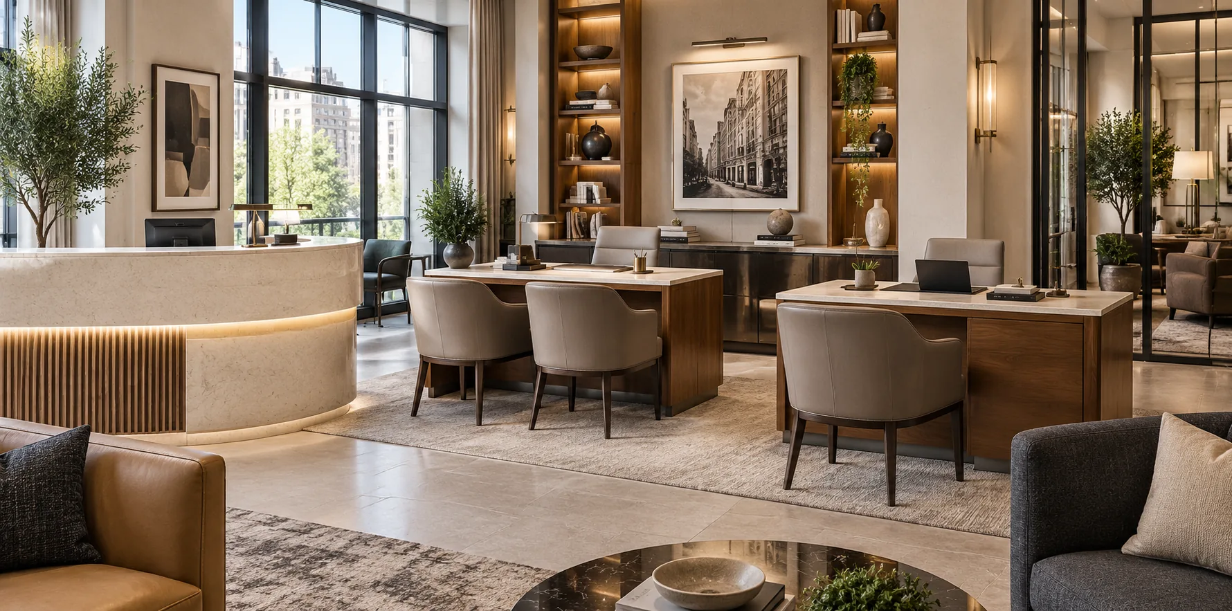 Leasing office with curved reception desk and upholstered seating