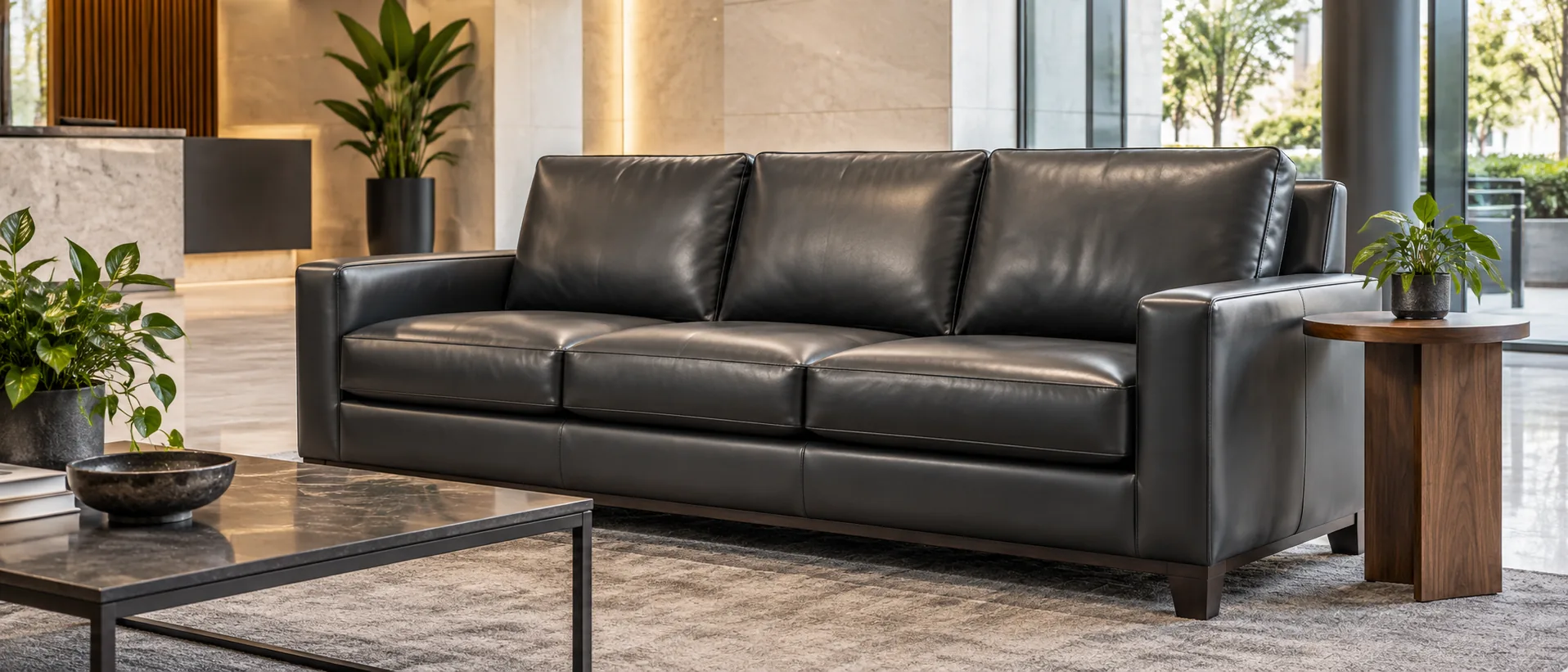 Black leather three-seat sofa in a managed property lobby