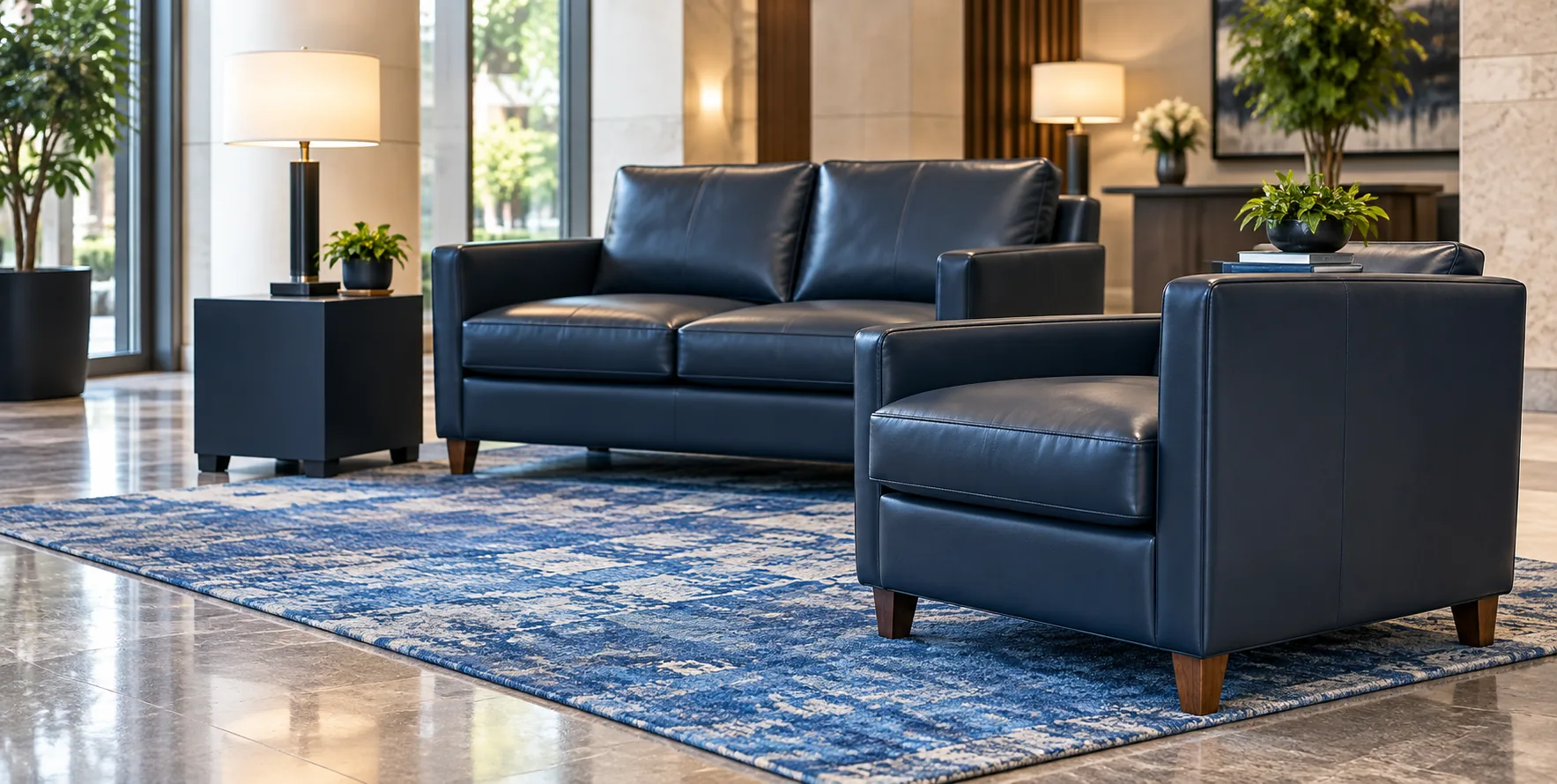 Navy leather sofa and armchair kept in service in a property lobby