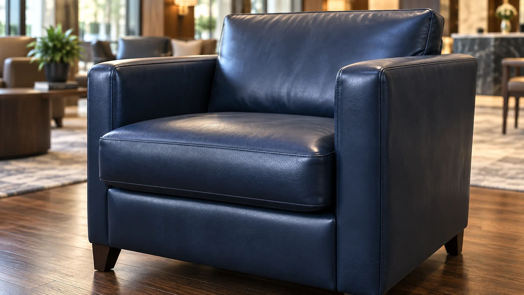 Navy leather club chair kept in service in a property lobby