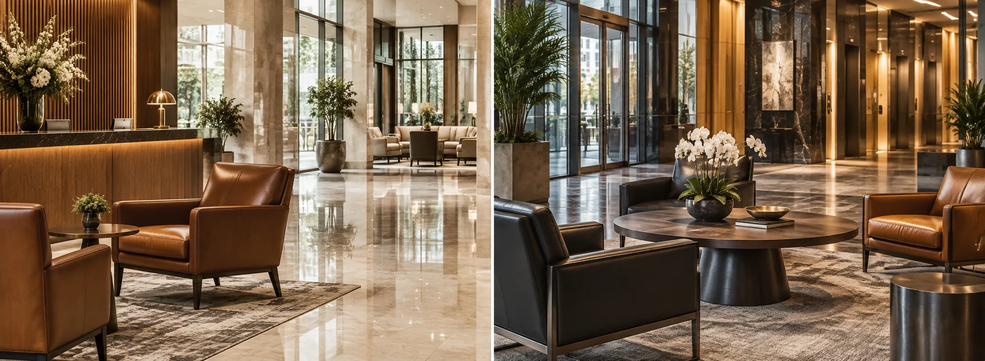 Lobby seating in two managed properties recorded in the same service format