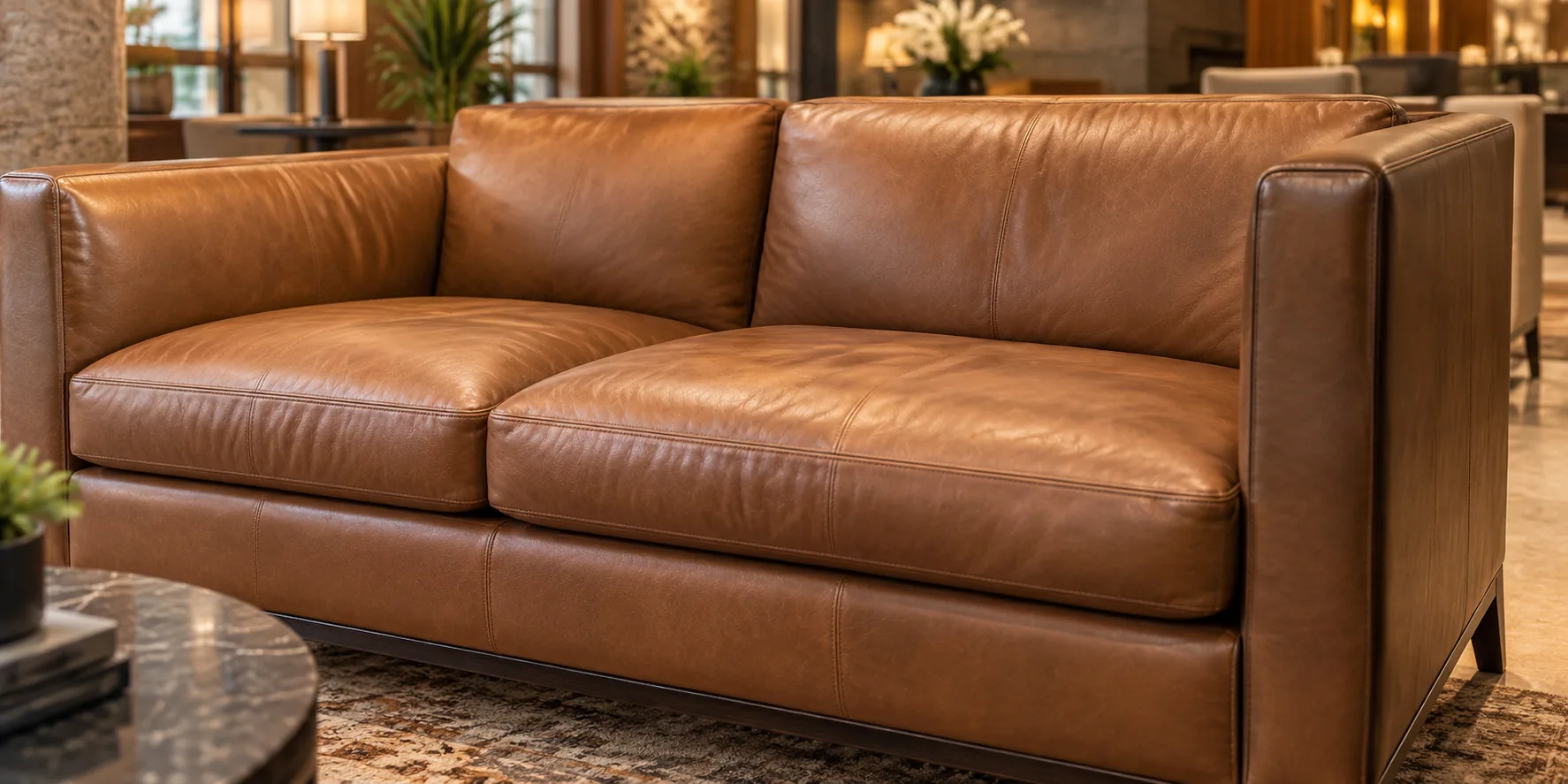 Tan leather two-seat sofa restored for a property common area