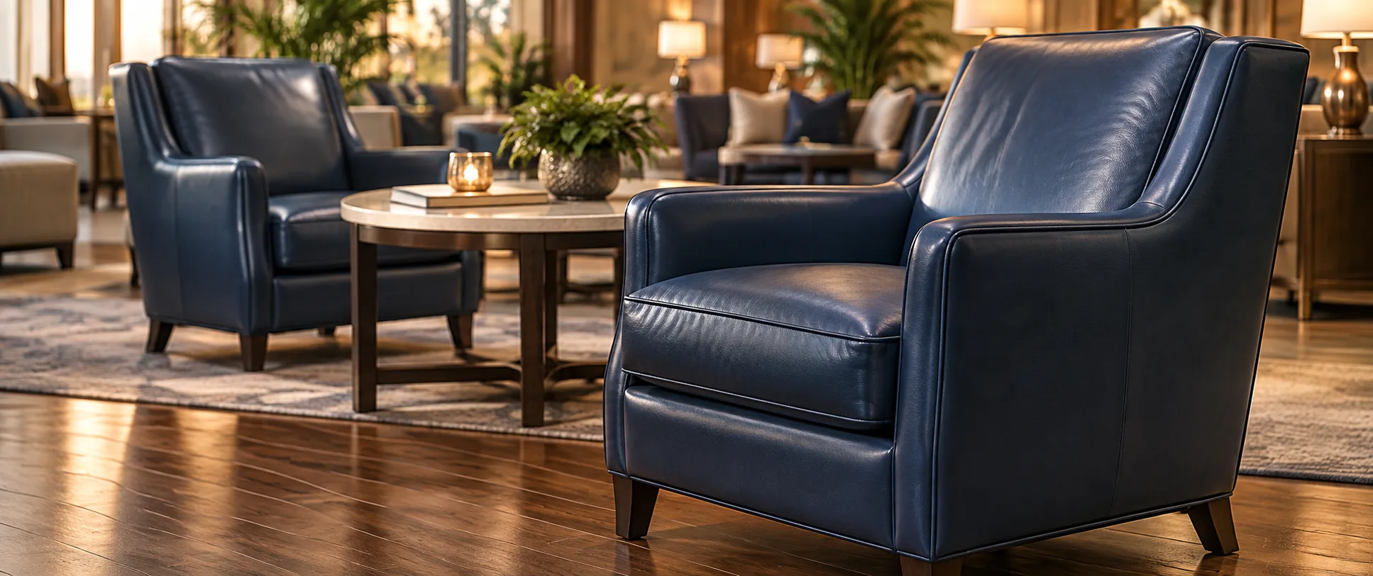 Navy leather club chairs in a managed building lounge