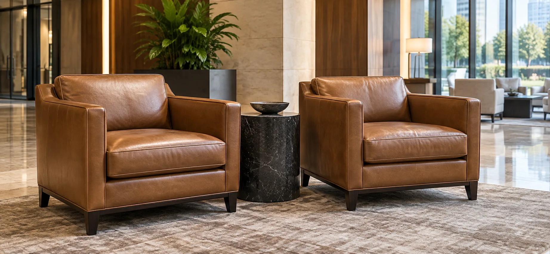 Two tan leather lounge armchairs in a property common area