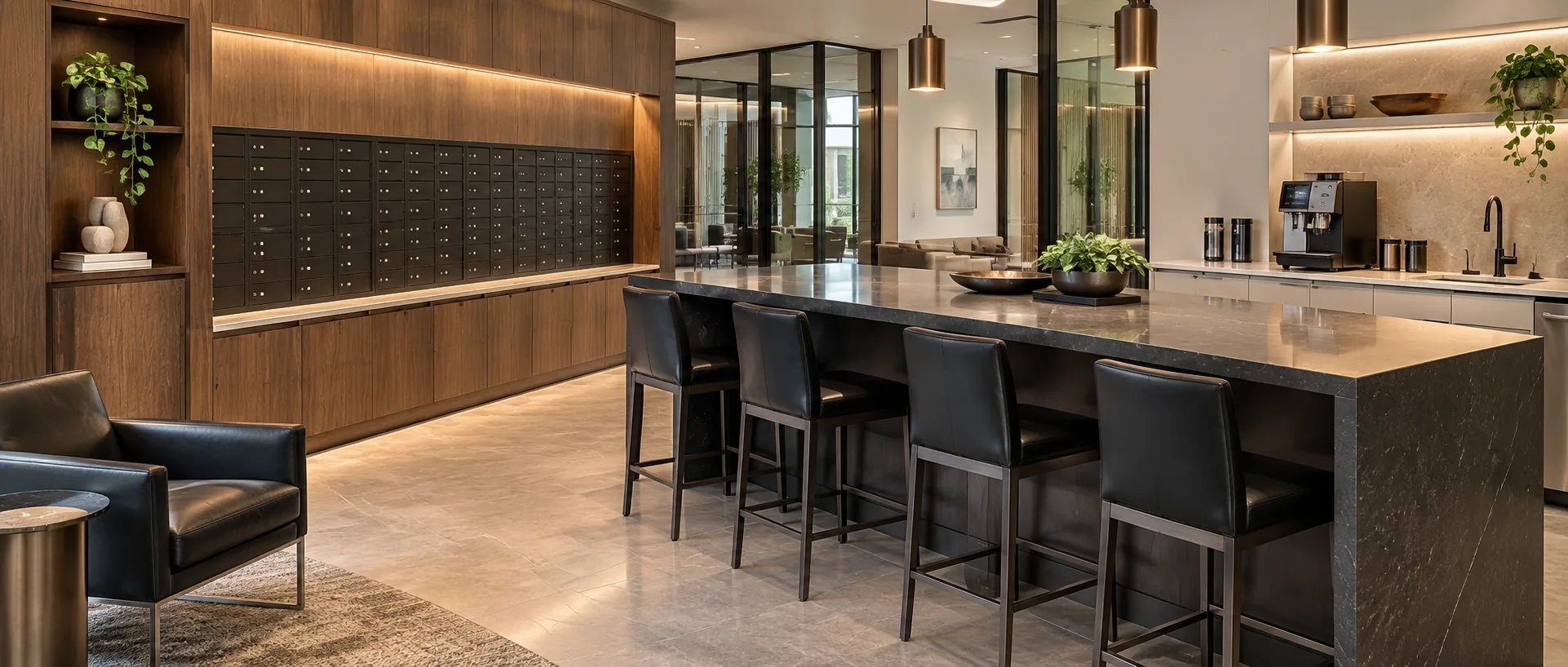 Mail and package room with a mailbox wall and black leather counter stools