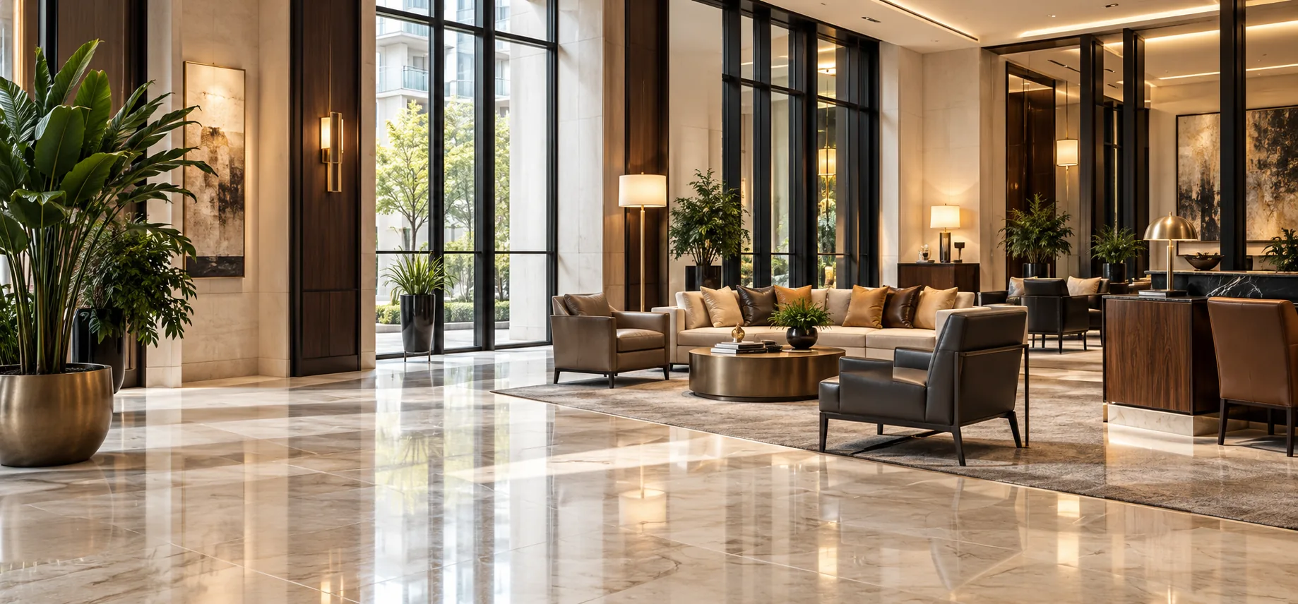 Marble building lobby with several leather seating clusters