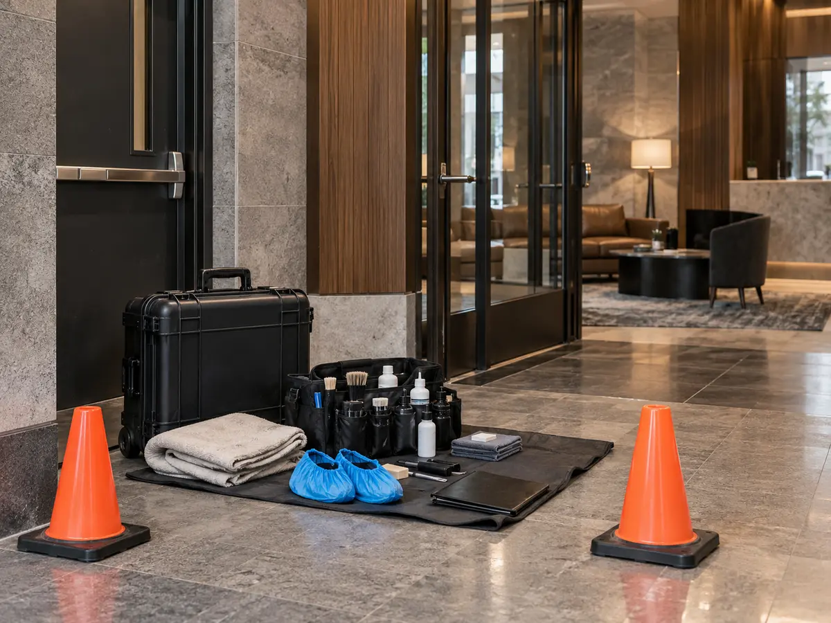 A repair kit, drop cloth and safety cones set up in a building lobby