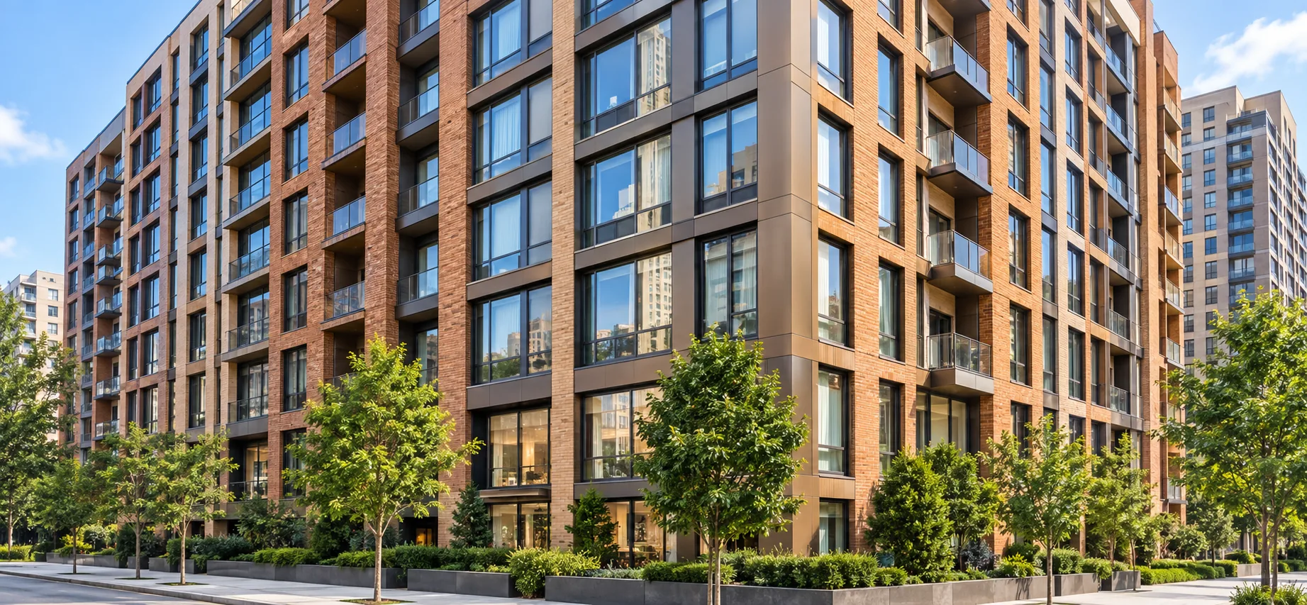 Managed apartment building exterior served by a property furniture repair program