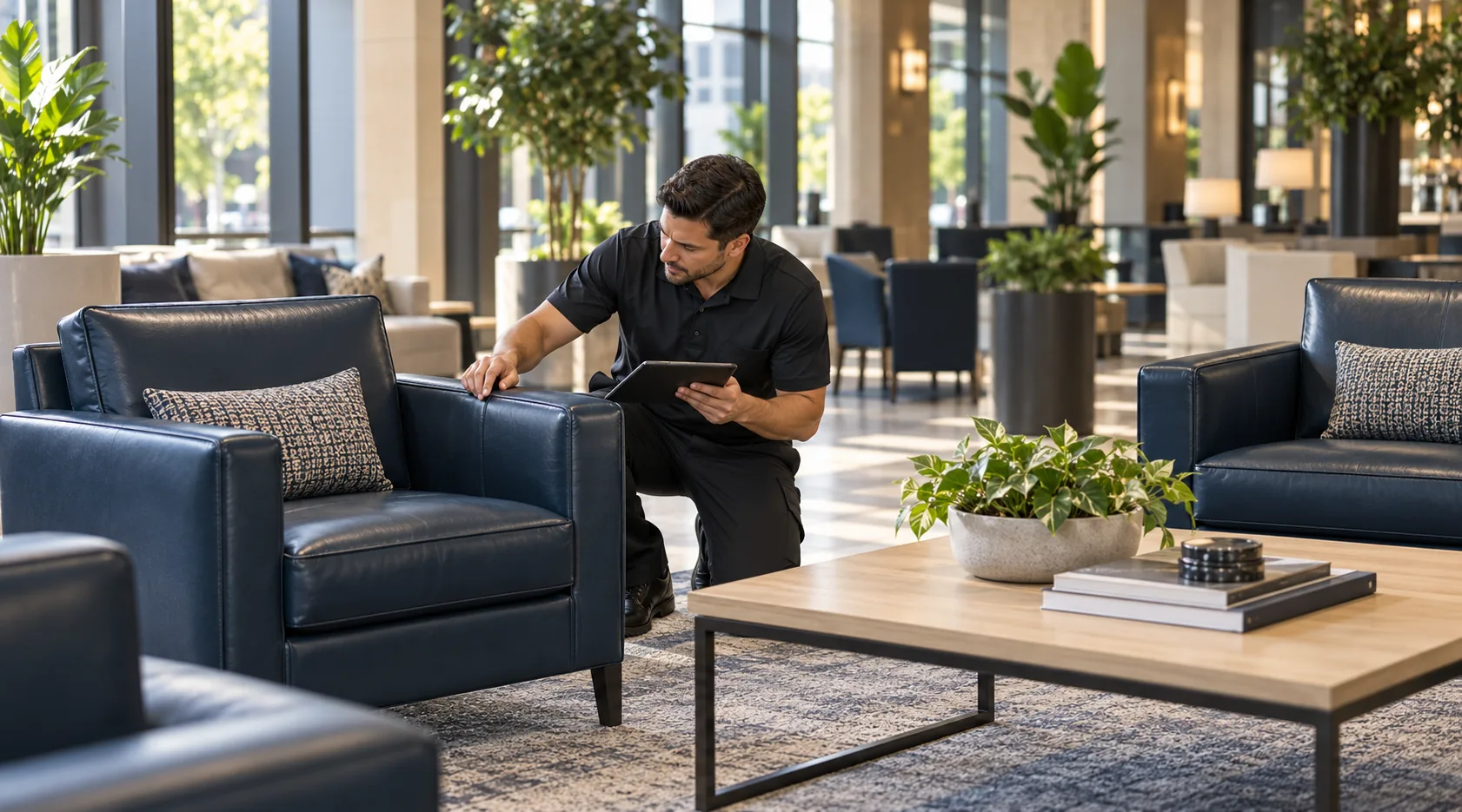 Lobby seating in a managed residential building
