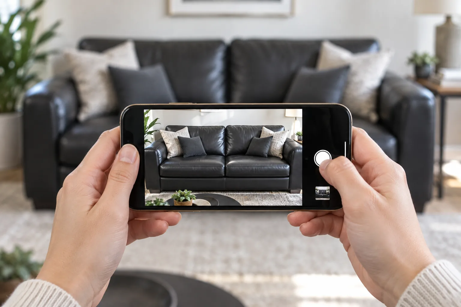 Property manager photographing a black leather sofa to request property management furniture repair NYC