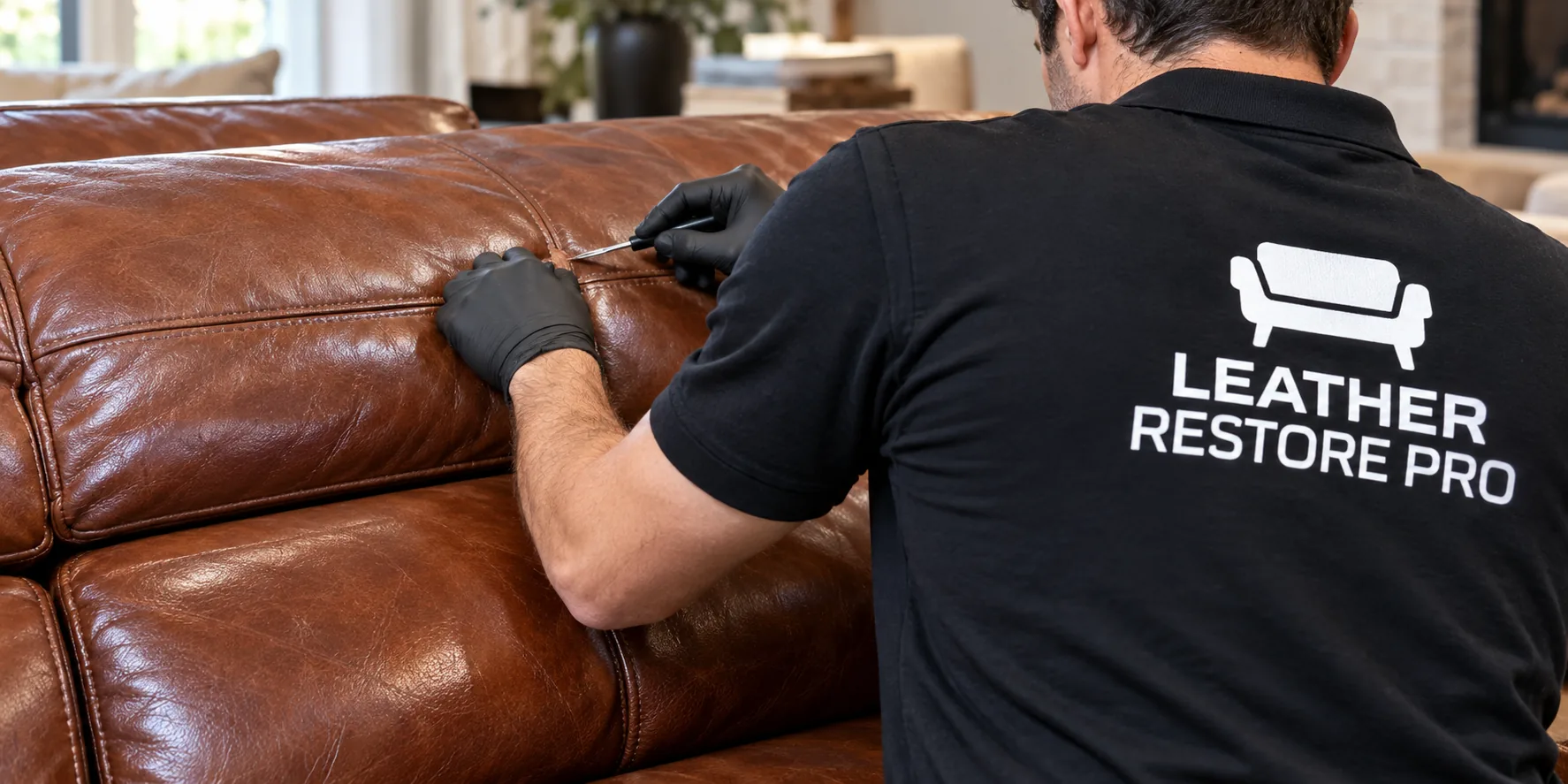 Technician repairing a brown leather sofa arm on site in a managed property