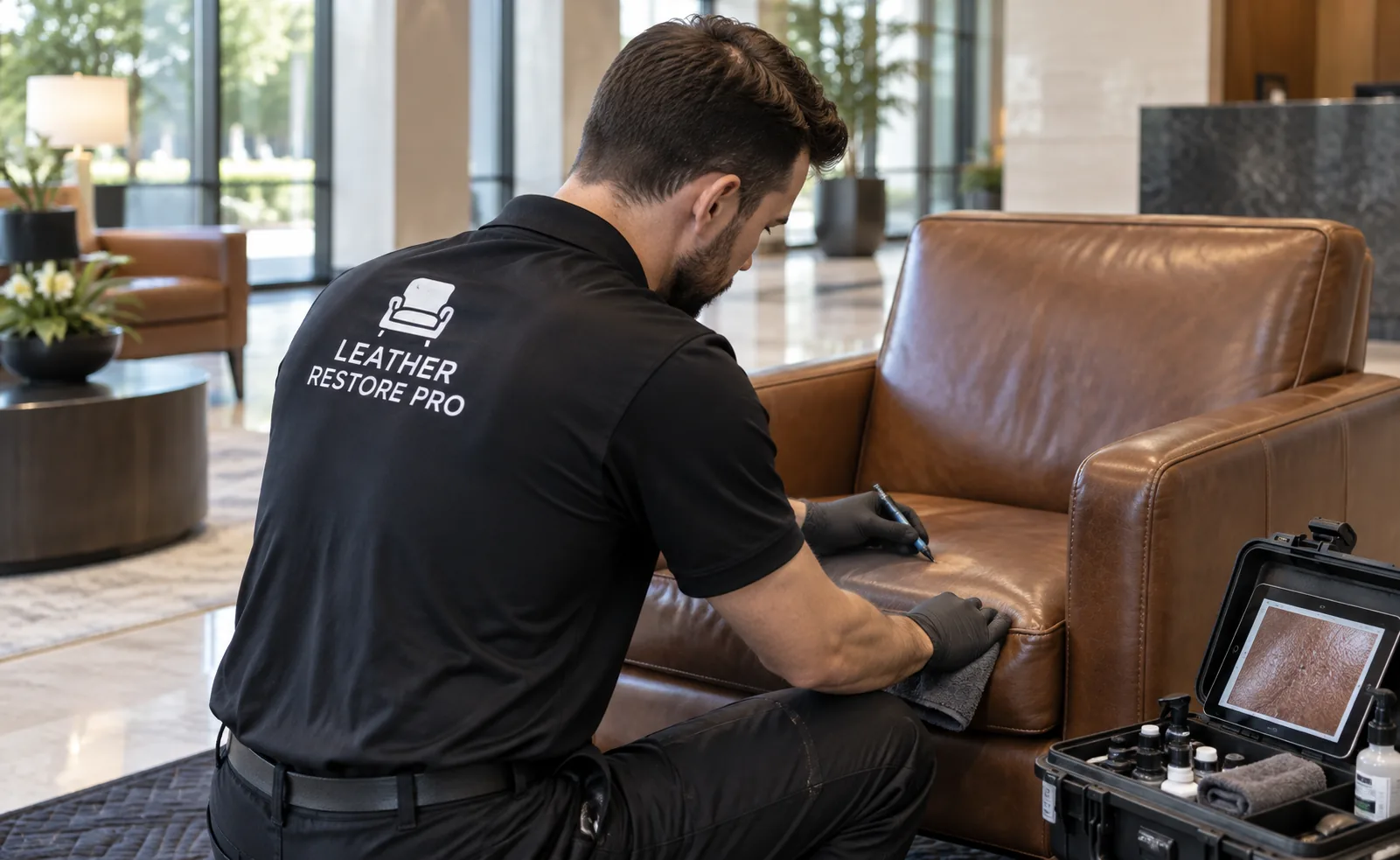 Technician kneeling with an open tool case beside a tan leather lobby sofa