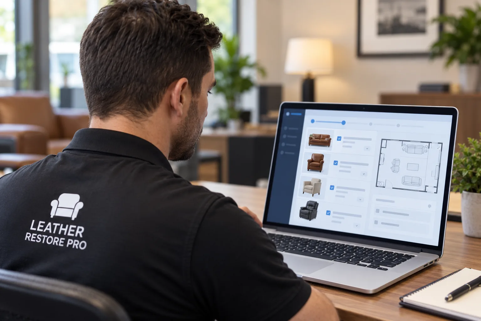 Coordinator reviewing a property floor plan and furniture list on a laptop