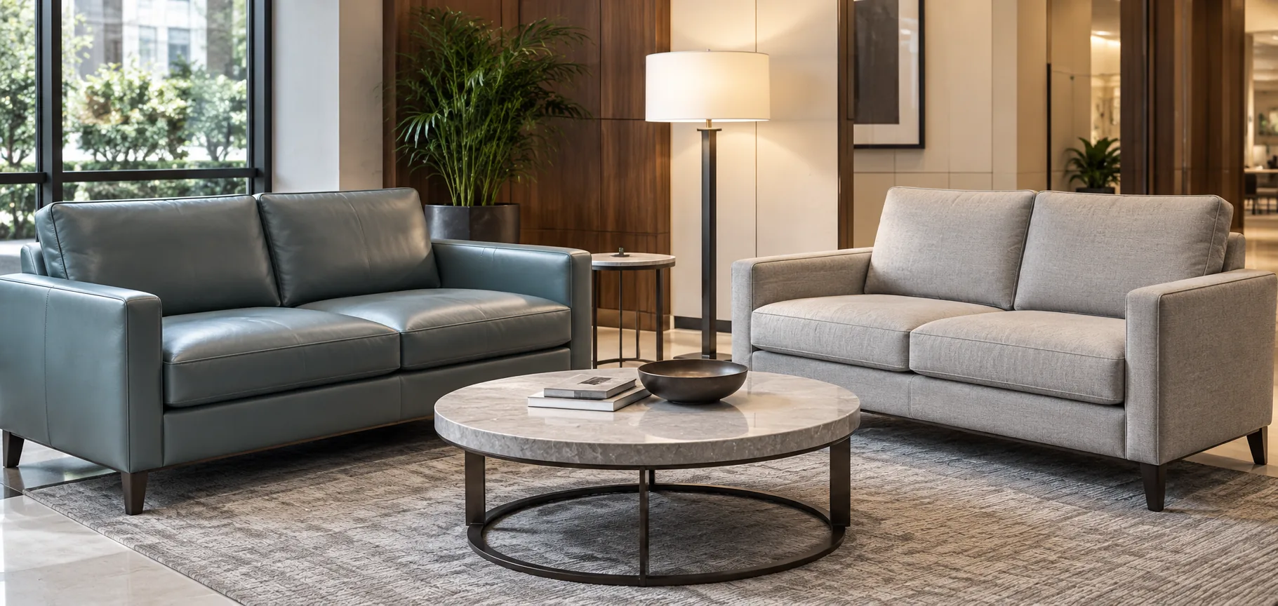 Resident lounge with a leather sofa and fabric sofa around a stone table