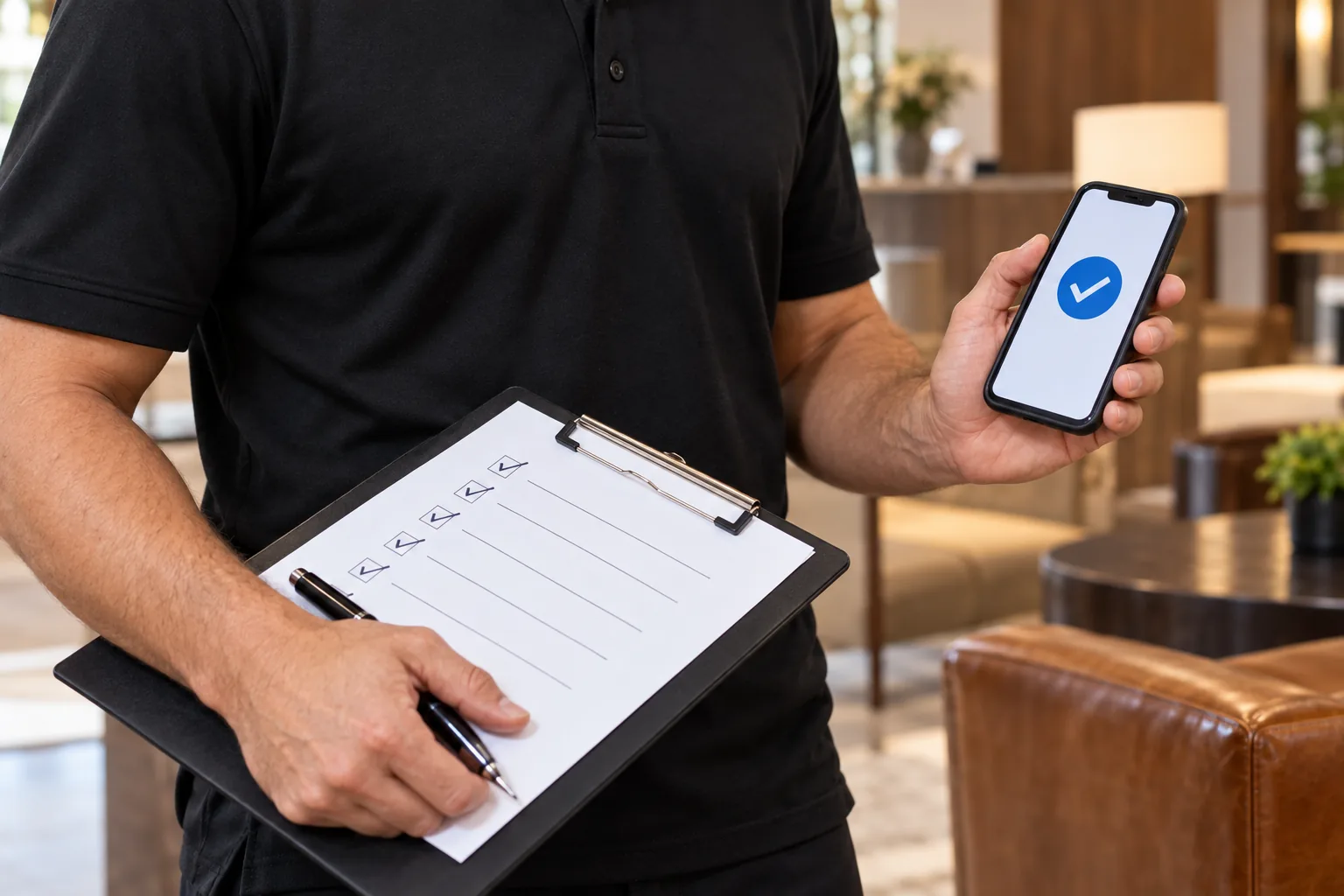 Technician confirming an approved property furniture service visit