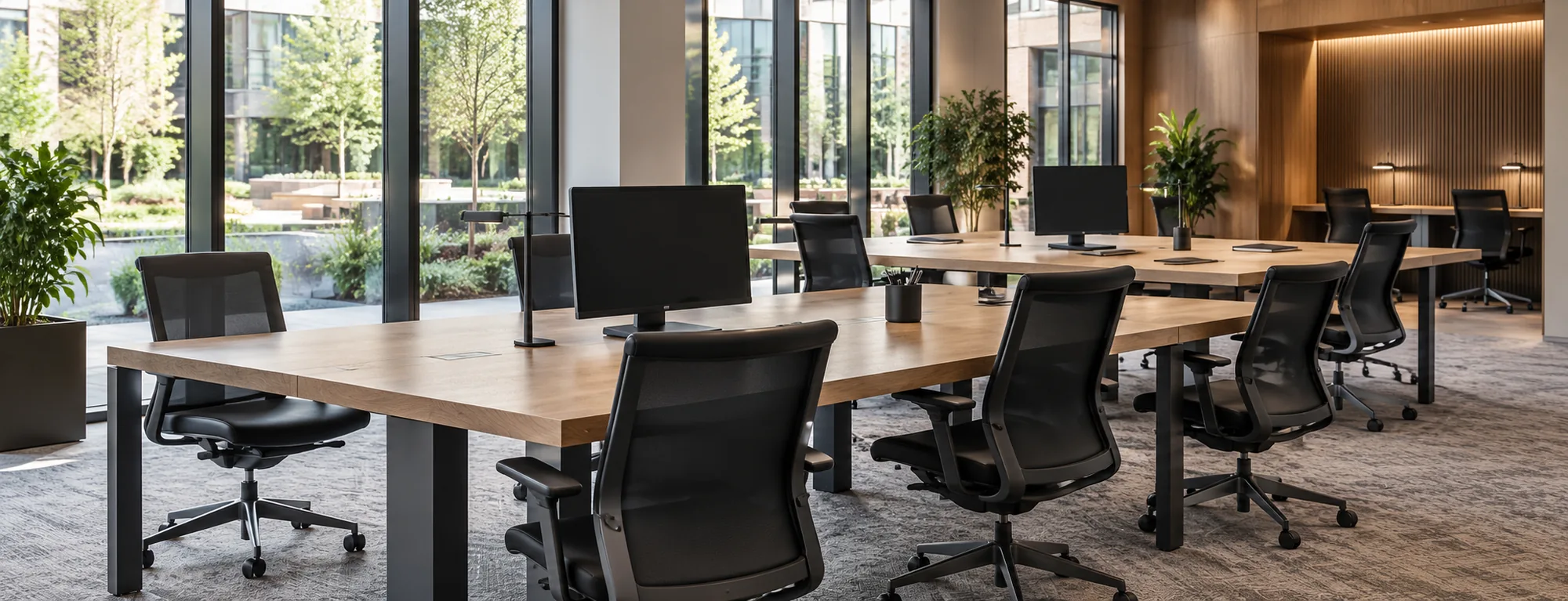 Shared workspace floor with long desks and task chairs in a managed building
