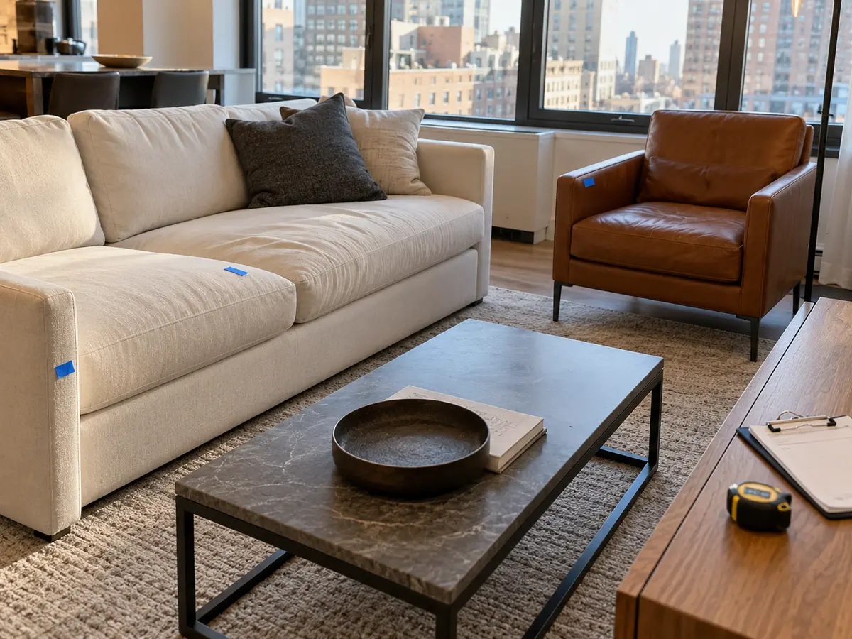 A furnished unit sofa marked with blue tape during a turnover inspection