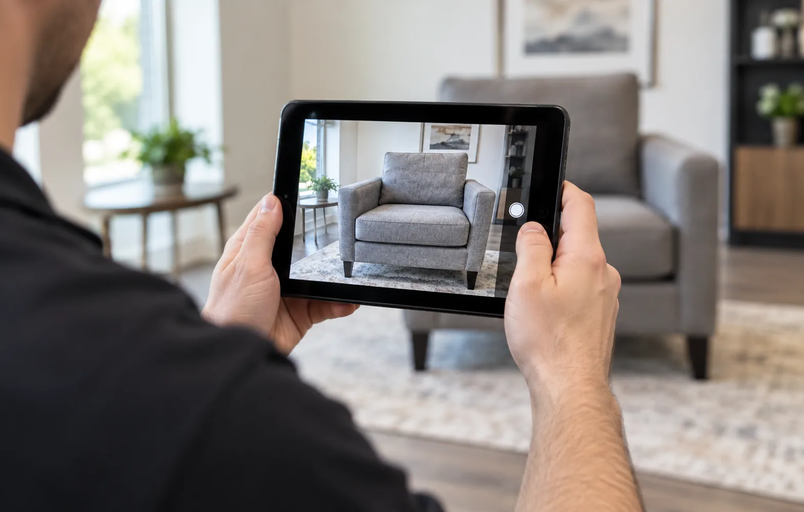 Technician photographing a furnished unit armchair on a tablet during a turnover inspection