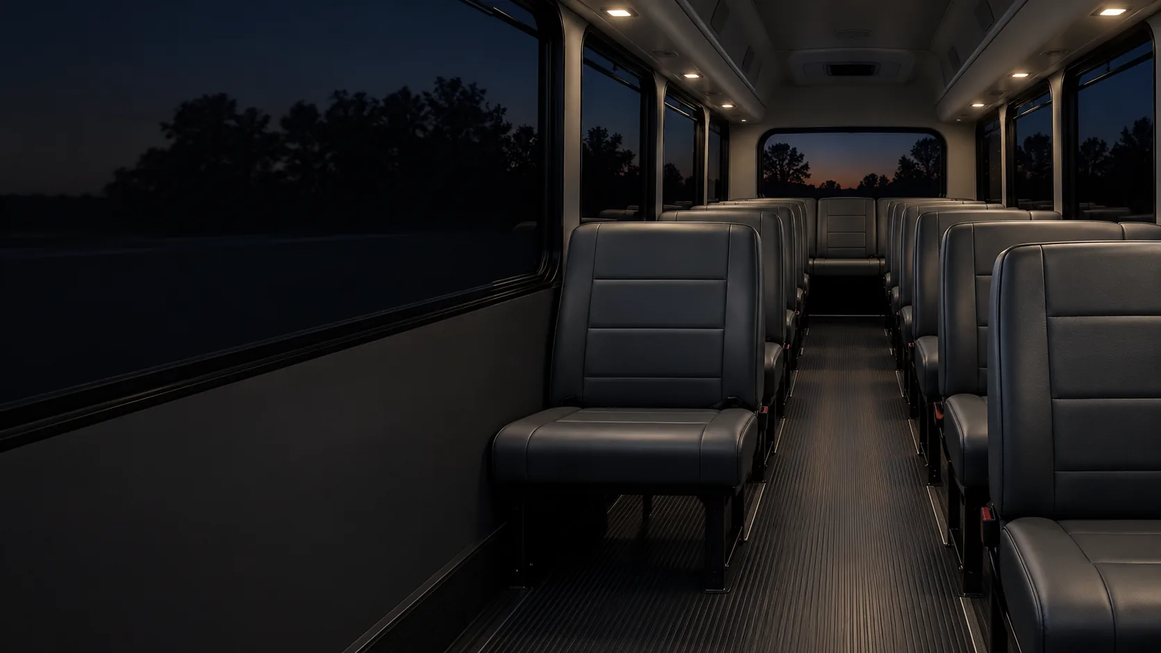 A vehicle interior in the evening with full, even seats under the lights