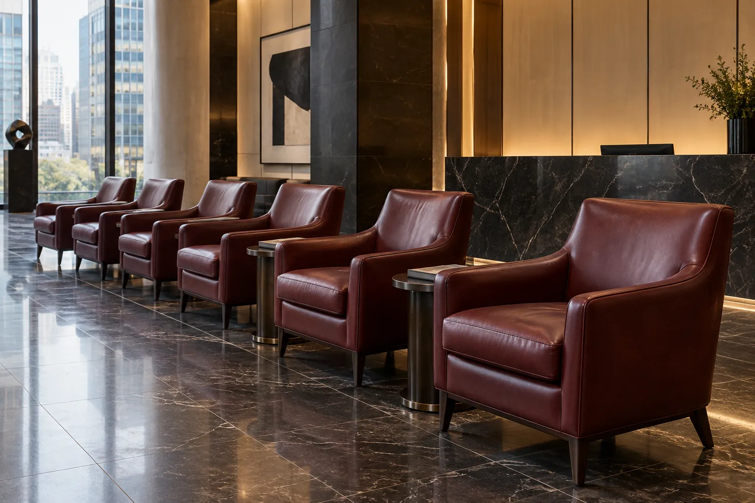 A row of oxblood leather armchairs in a reception
