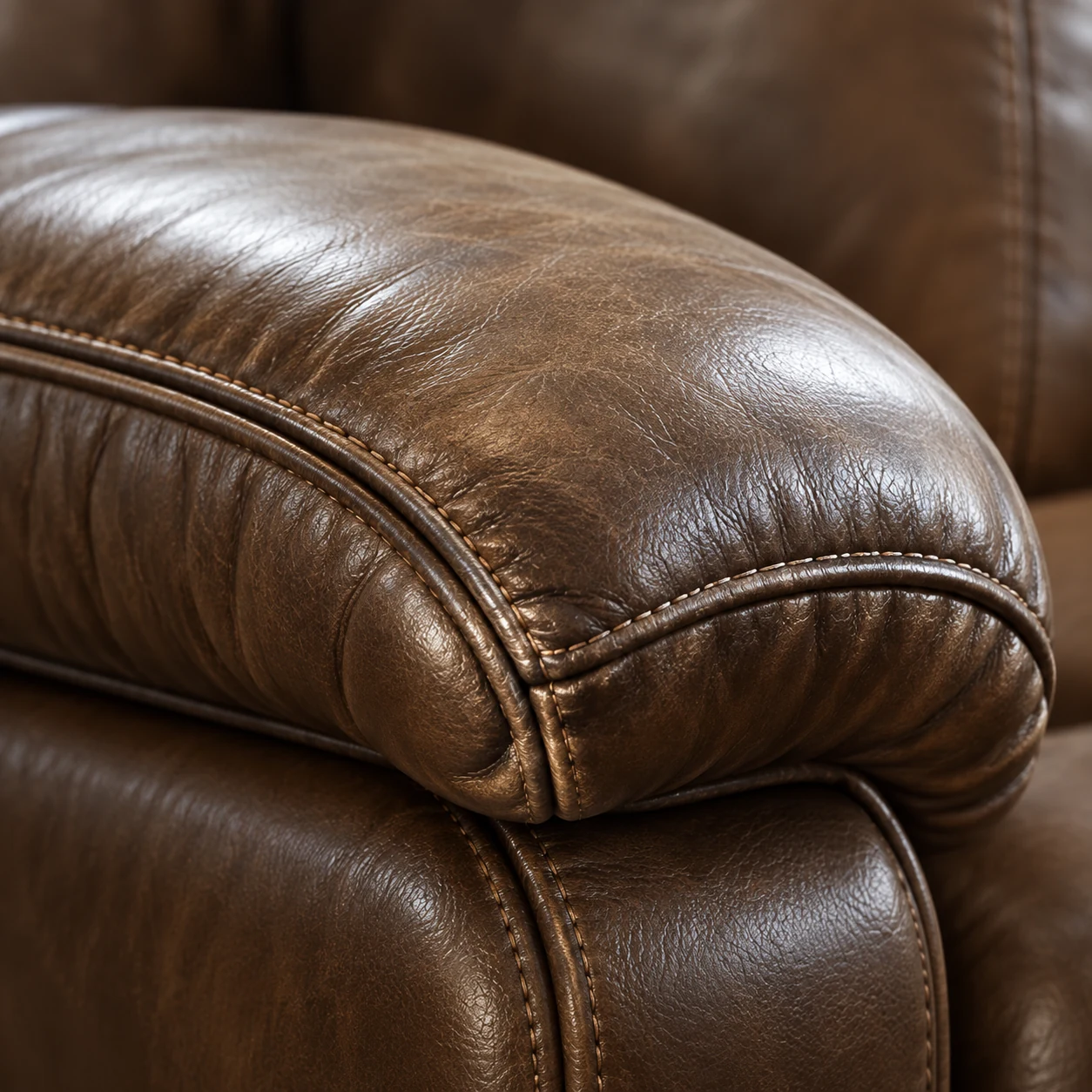 Worn brown leather on a recliner arm
