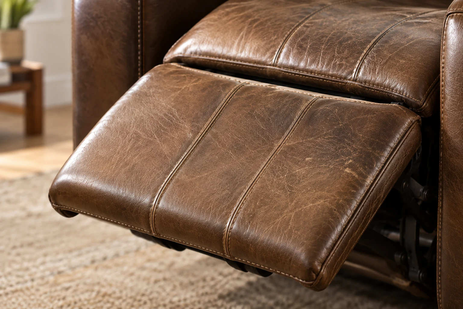 Cracked leather on an open recliner footrest