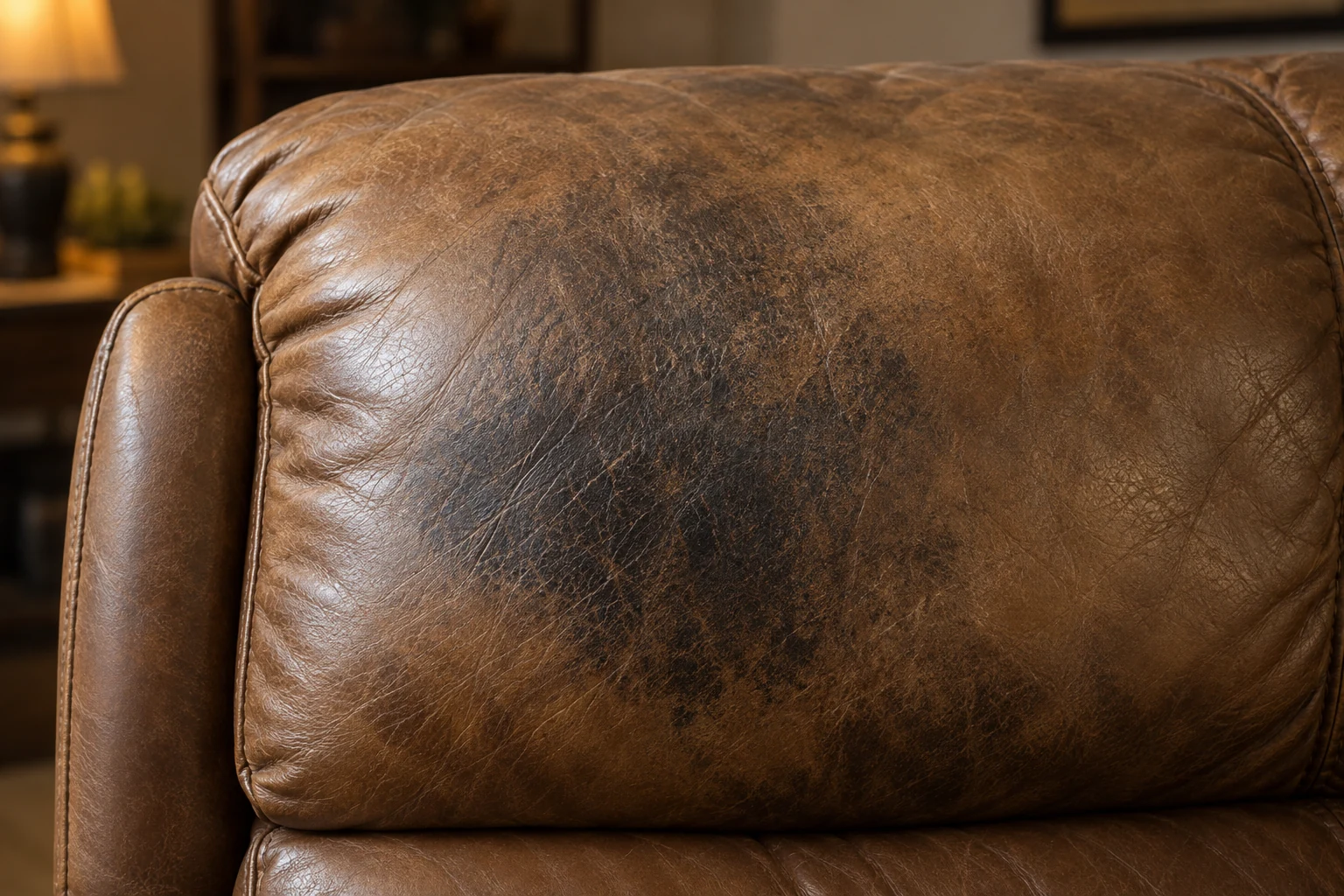 Dark body-oil staining on a leather headrest