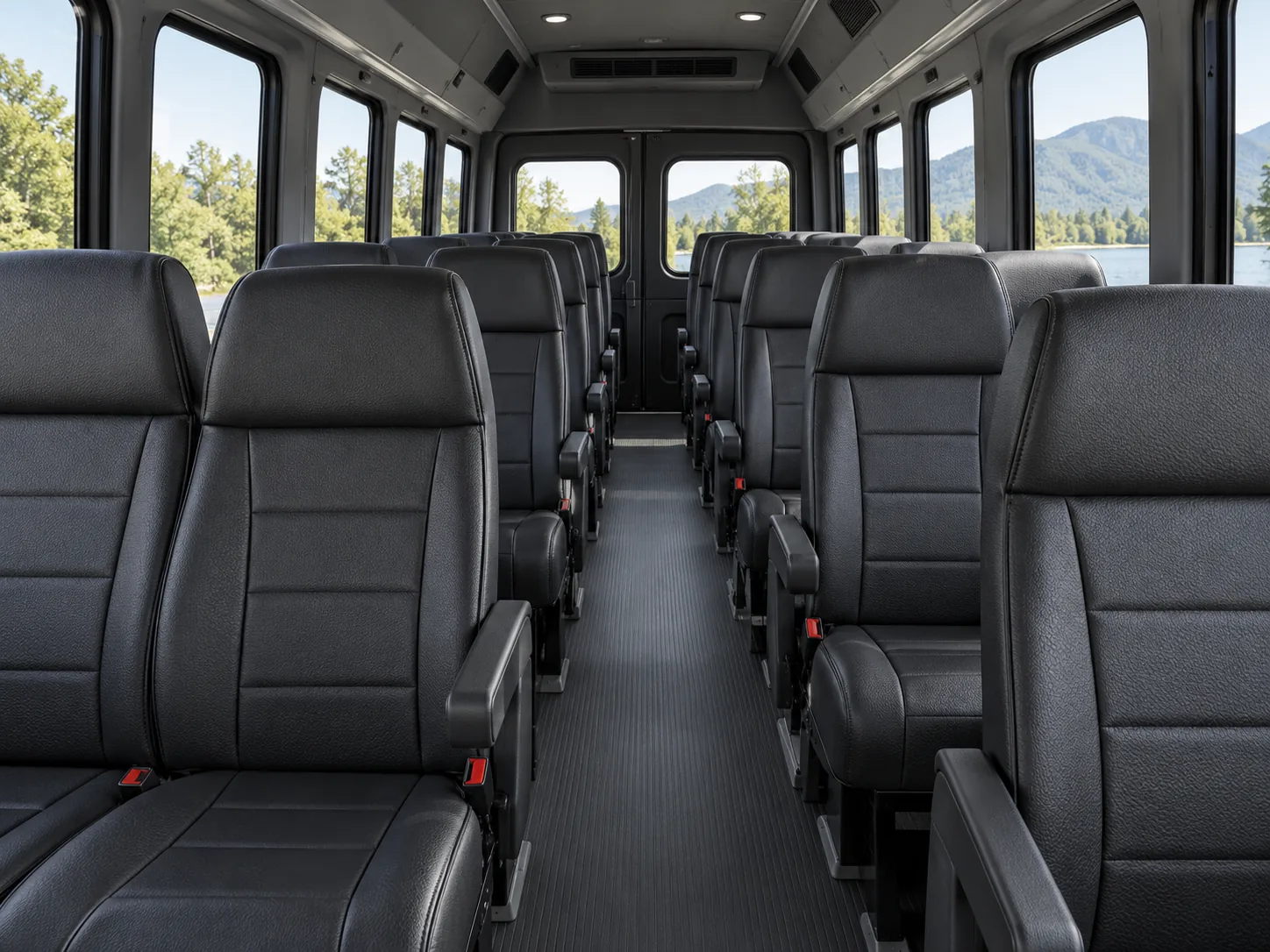 A row of recolored vinyl seats in a vehicle, all matching