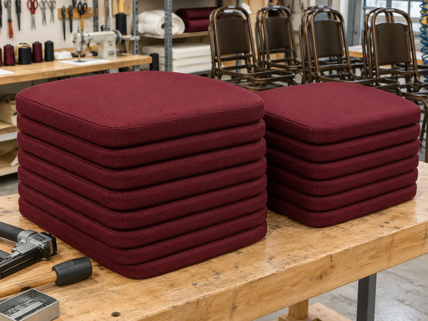Recovered banquet chair seat pads stacked ready to refit