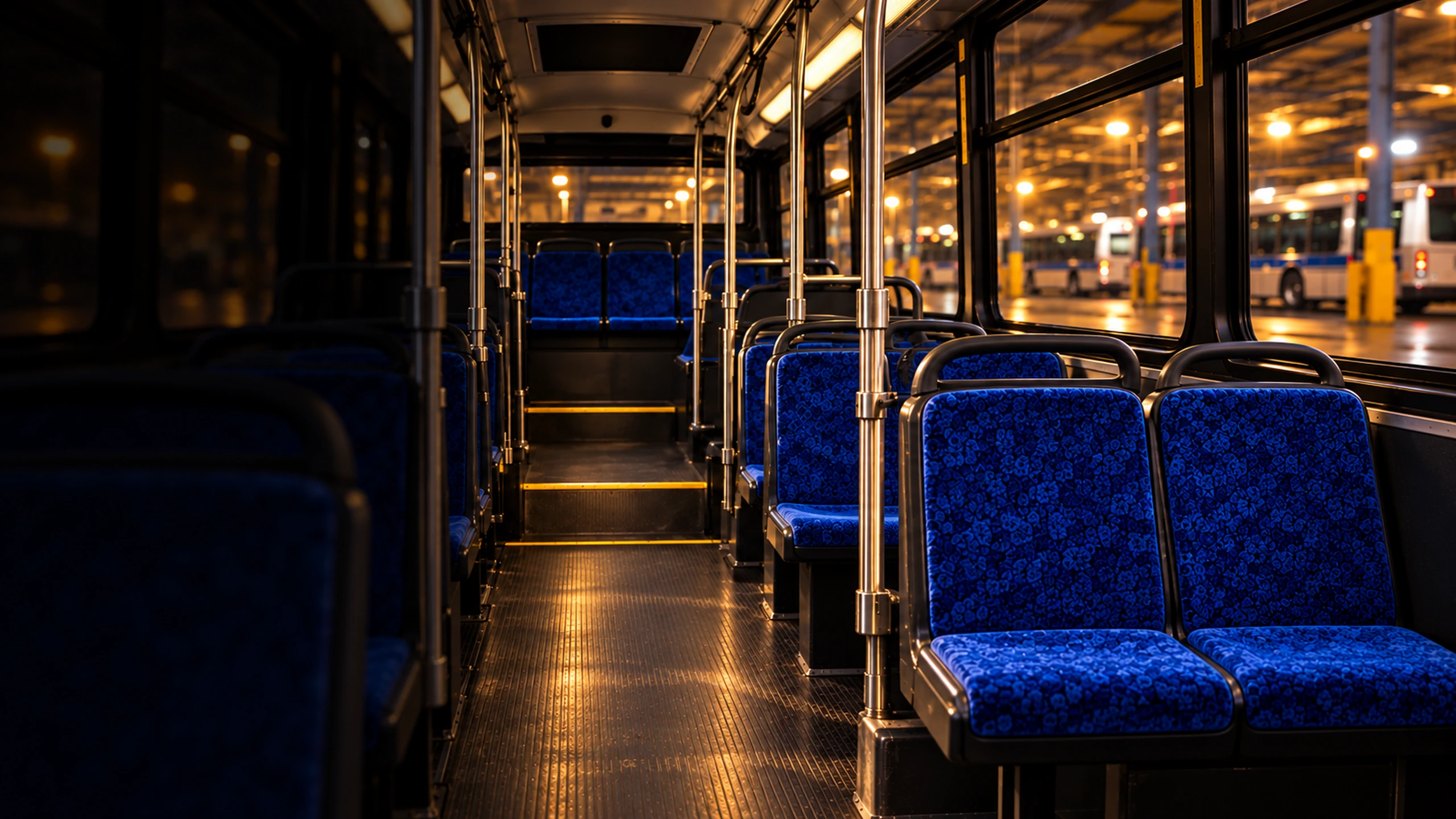 A finished bus interior in the evening with every seat matching