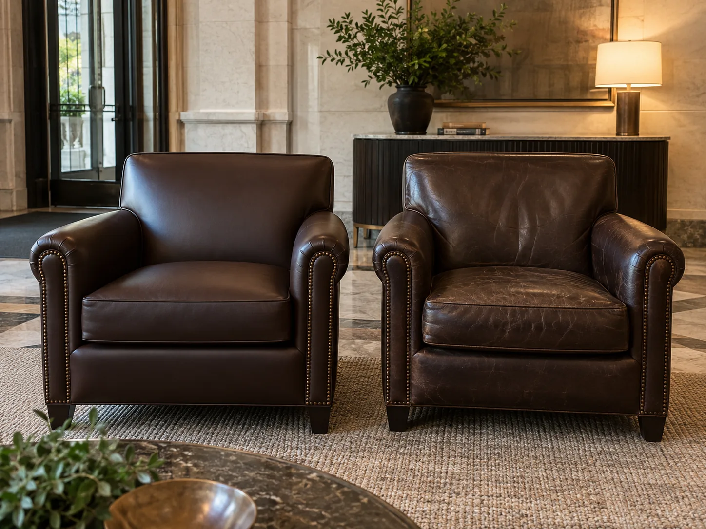 Reupholstered leather armchair