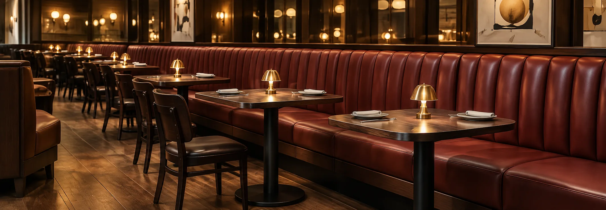 Red channelled leather banquette wall run with set tables in a restaurant