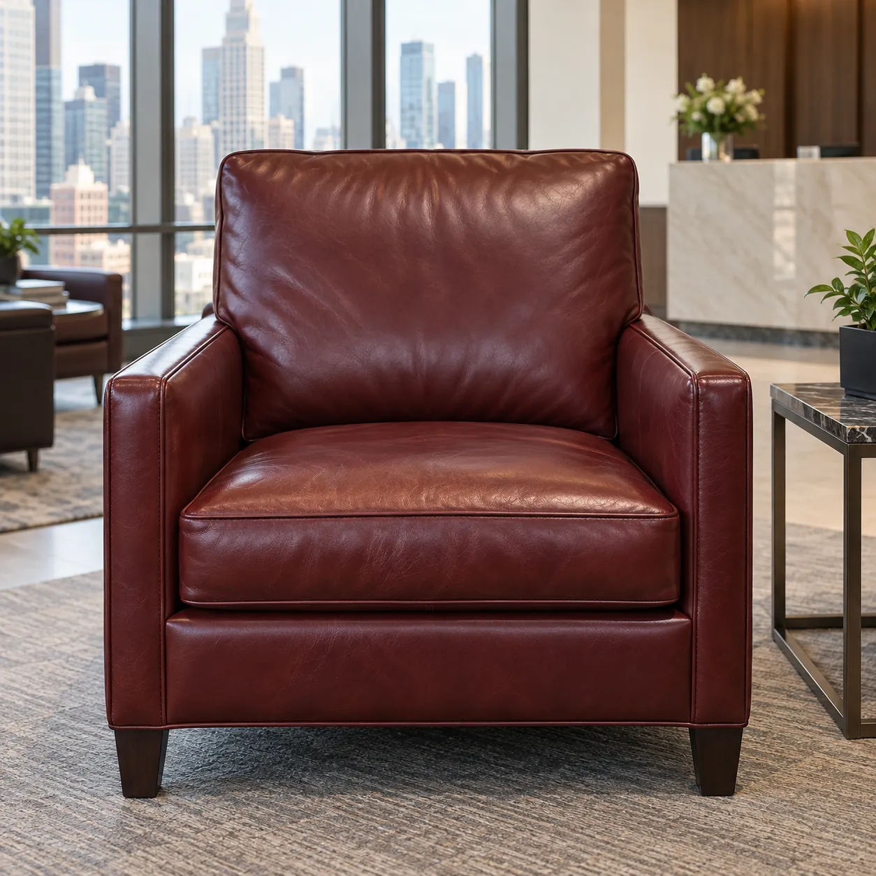 The same red armchair repaired
