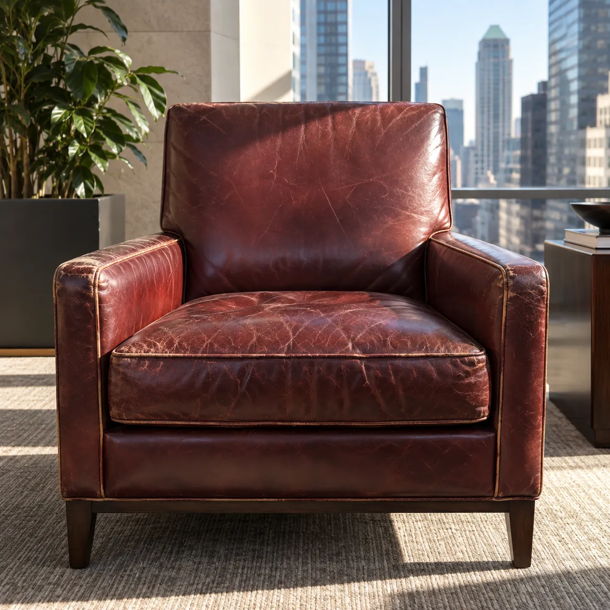 Cracked red leather armchair