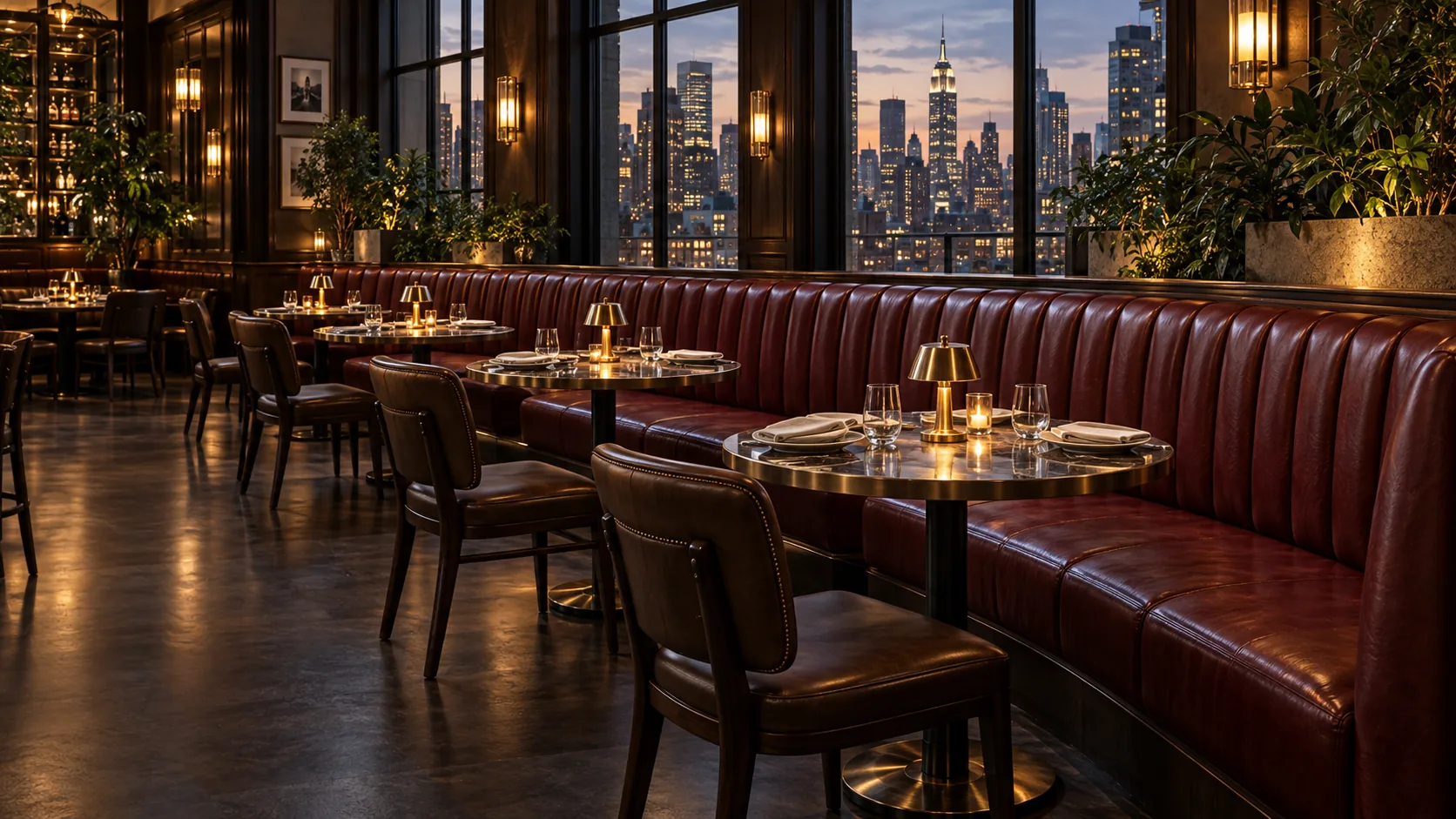 Red leather banquette in a restaurant over the skyline