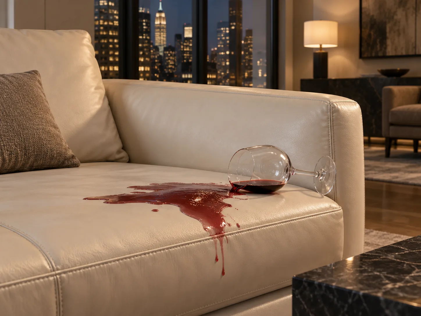 Red wine spill on a cream leather sofa before a dinner party