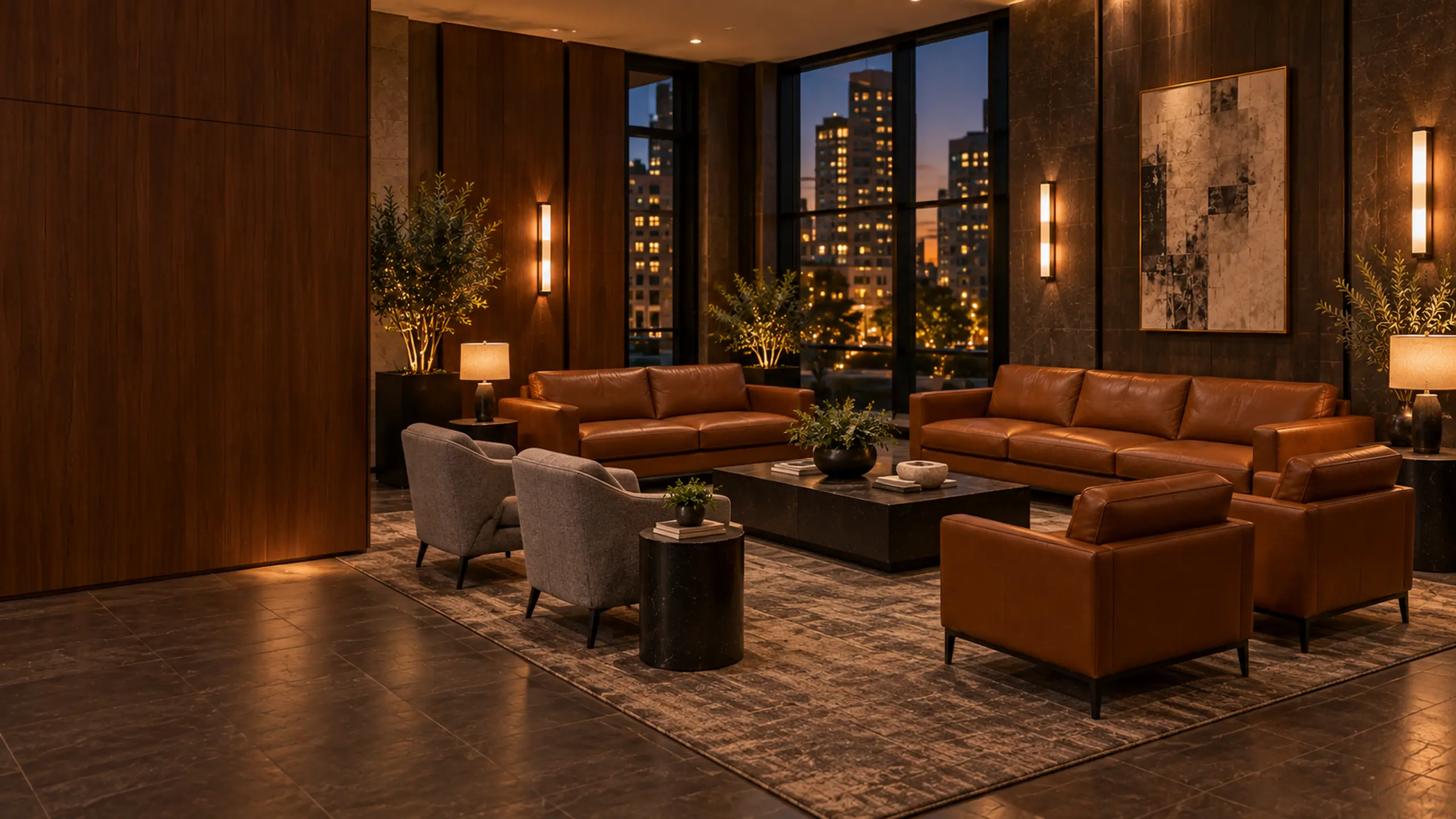 A refurbished building lounge in the evening, seating reset and the room empty