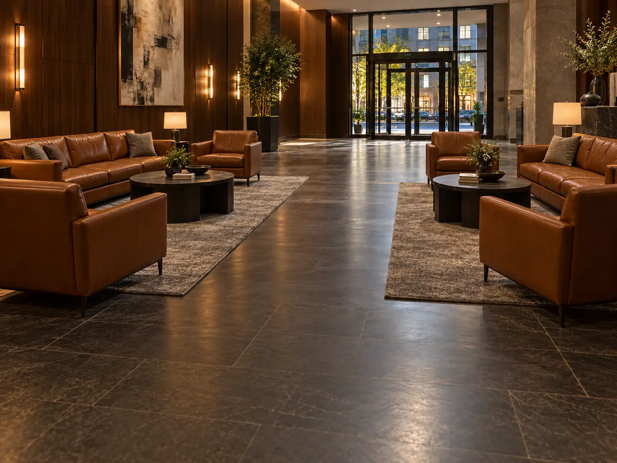 A refurbished lobby with its seating reset in place in the morning