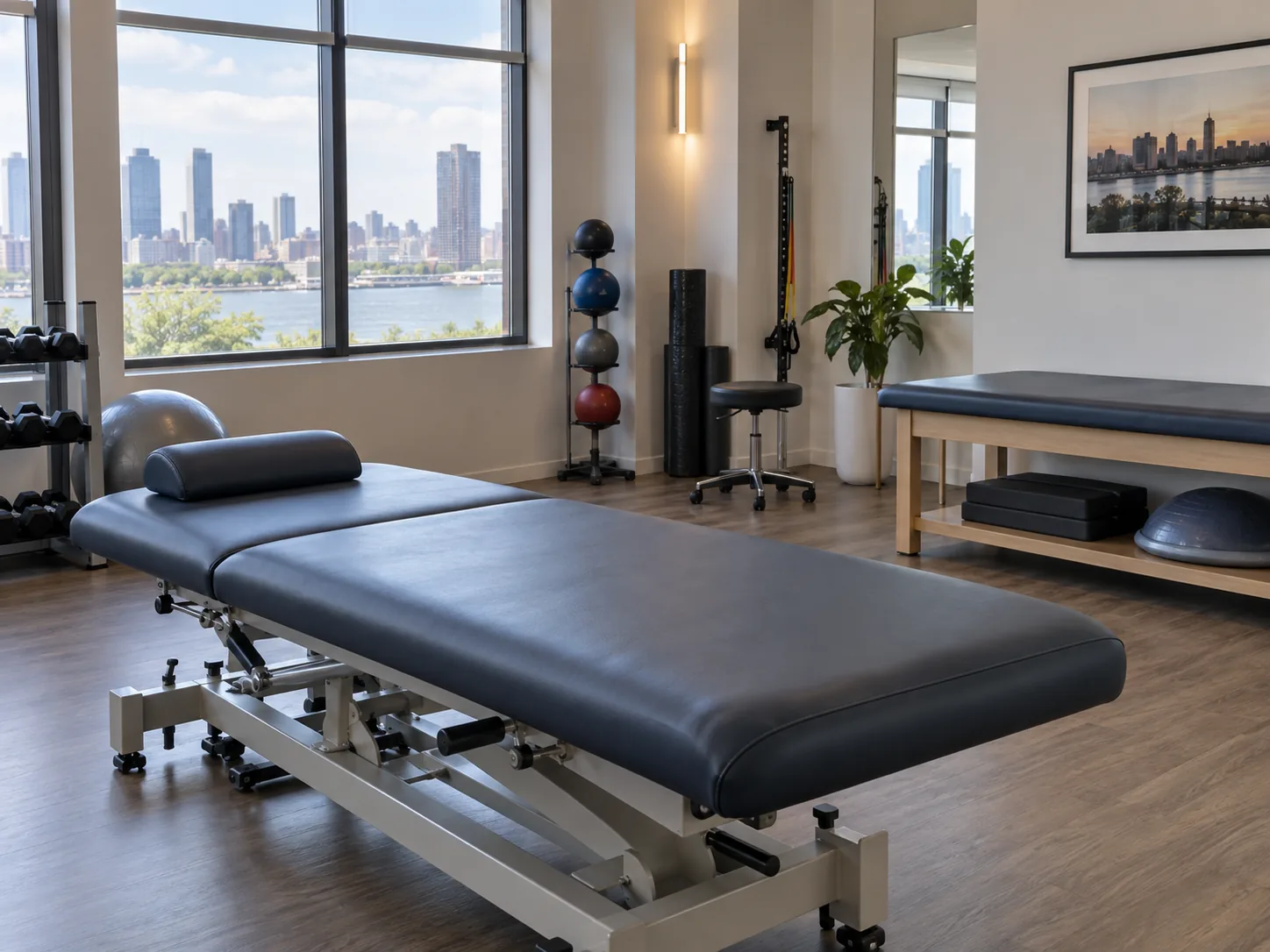 A navy treatment table in a rehabilitation clinic gym overlooking the river