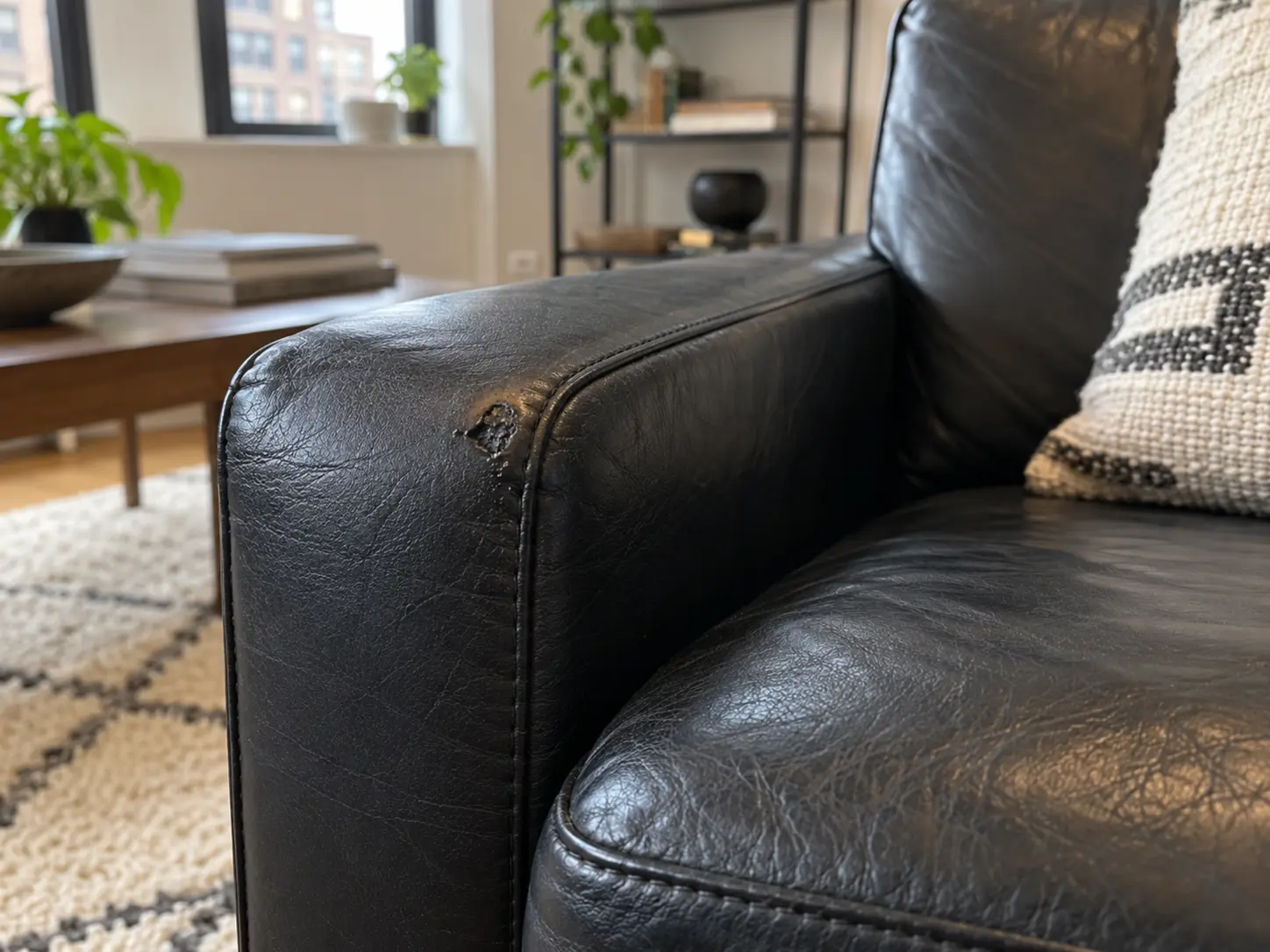 Burn mark on a black leather chair arm