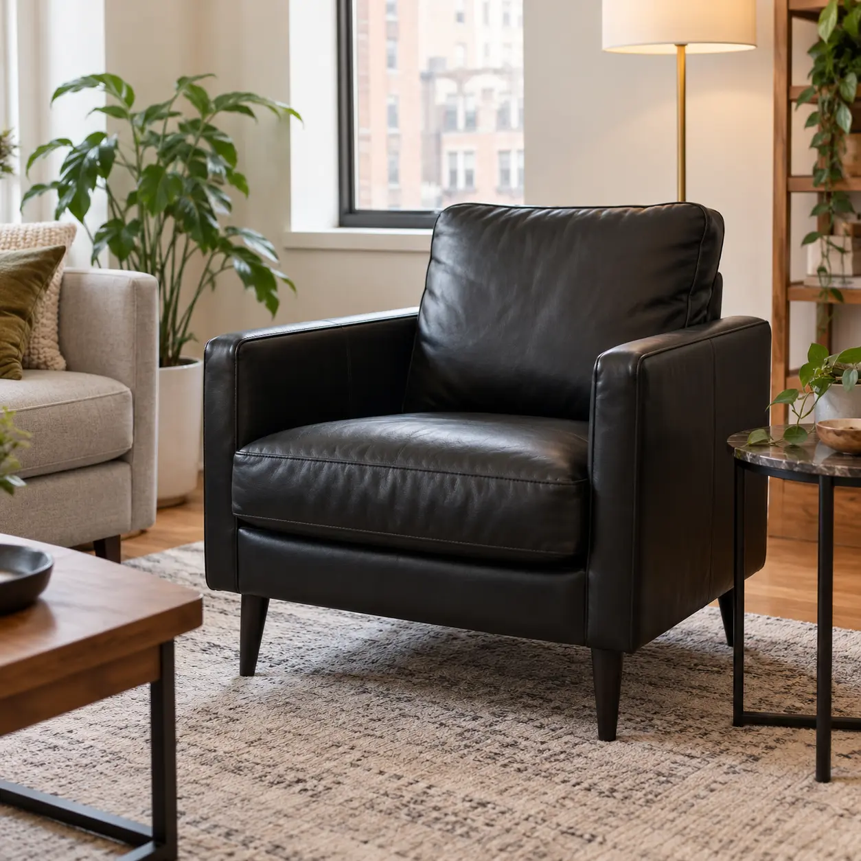 Black leather accent chair in an apartment