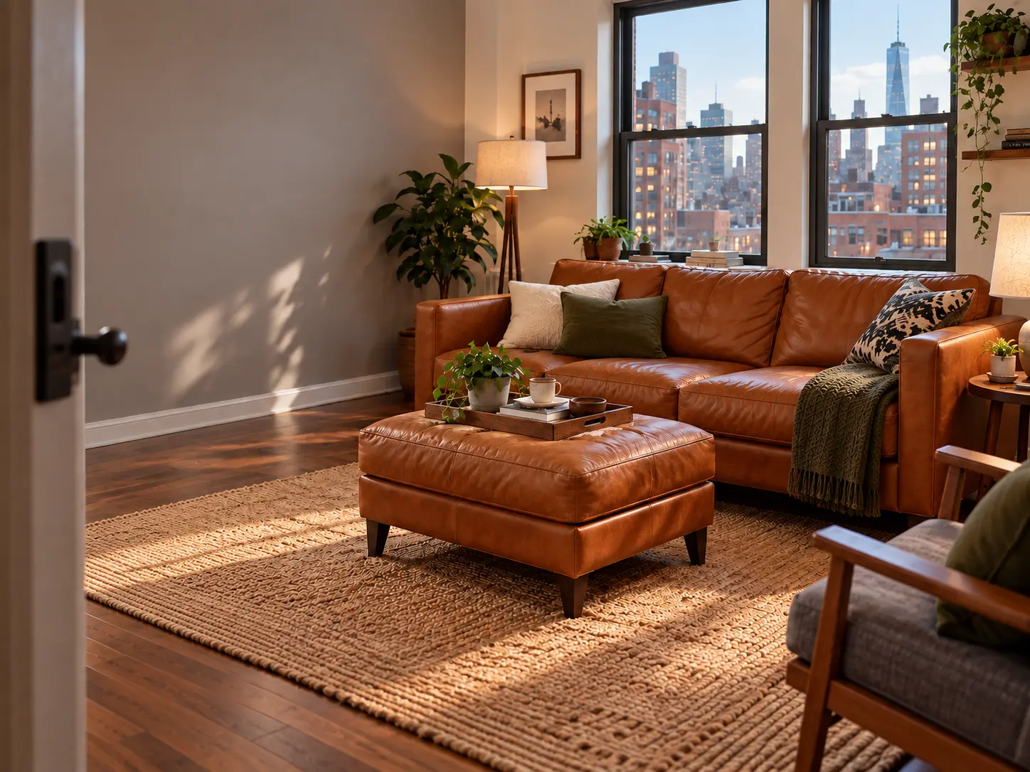 Furniture repair Murray Hill: a furnished apartment living room with a cognac leather sofa